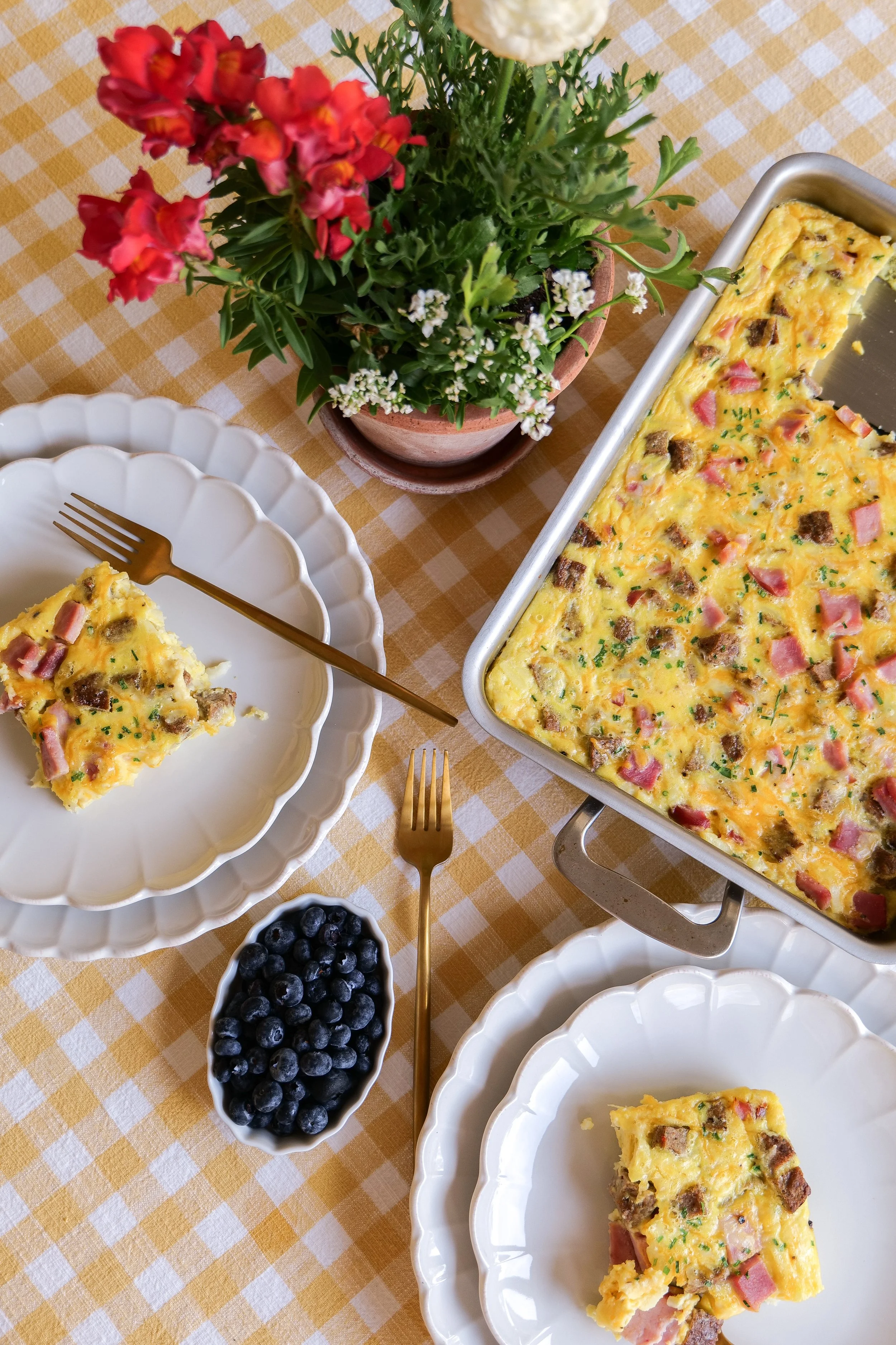 Overnight breakfast casserole prepared ahead for an easy morning meal.