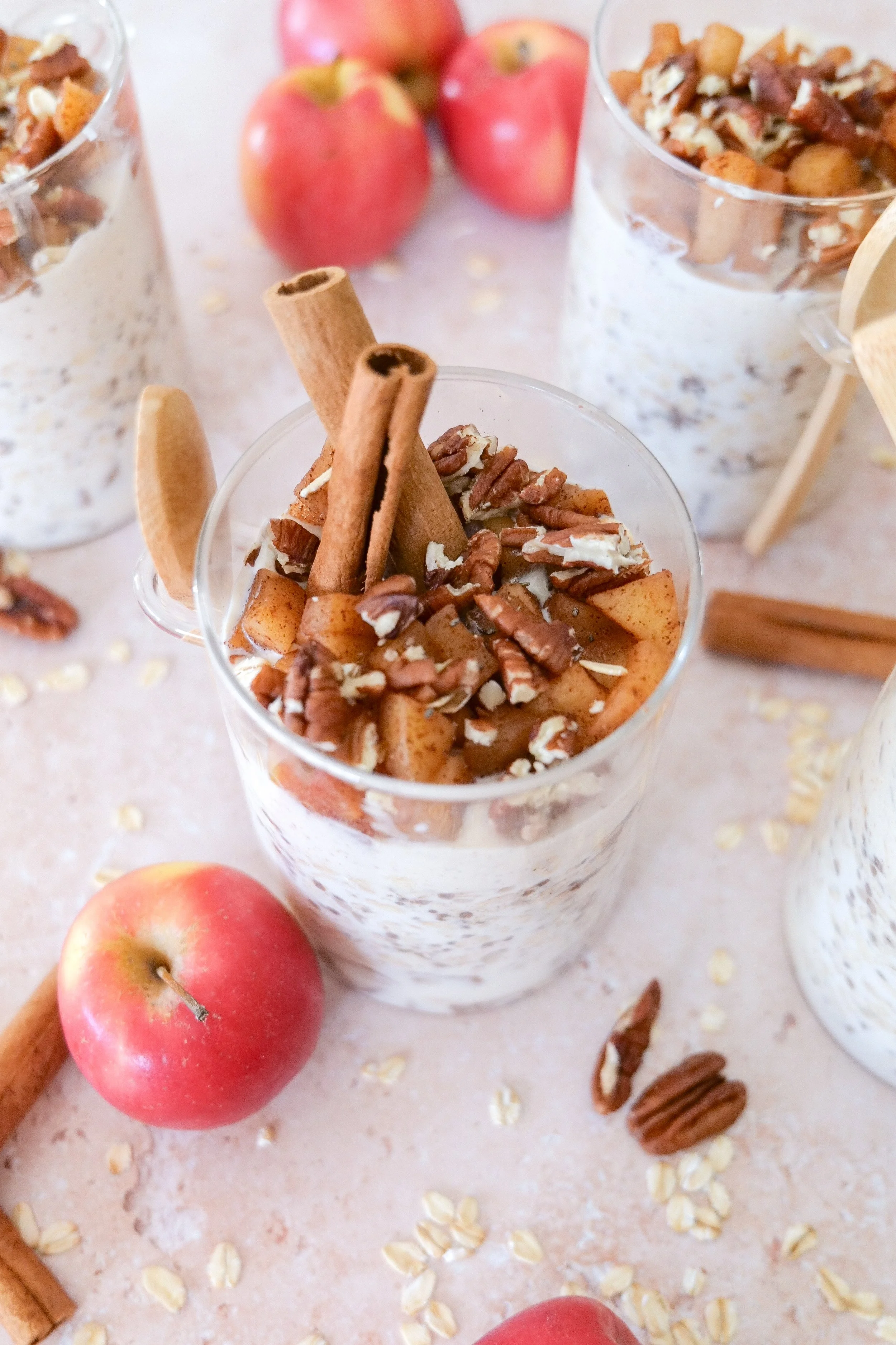 Close-up of creamy apple pie overnight oats with cinnamon apple topping.