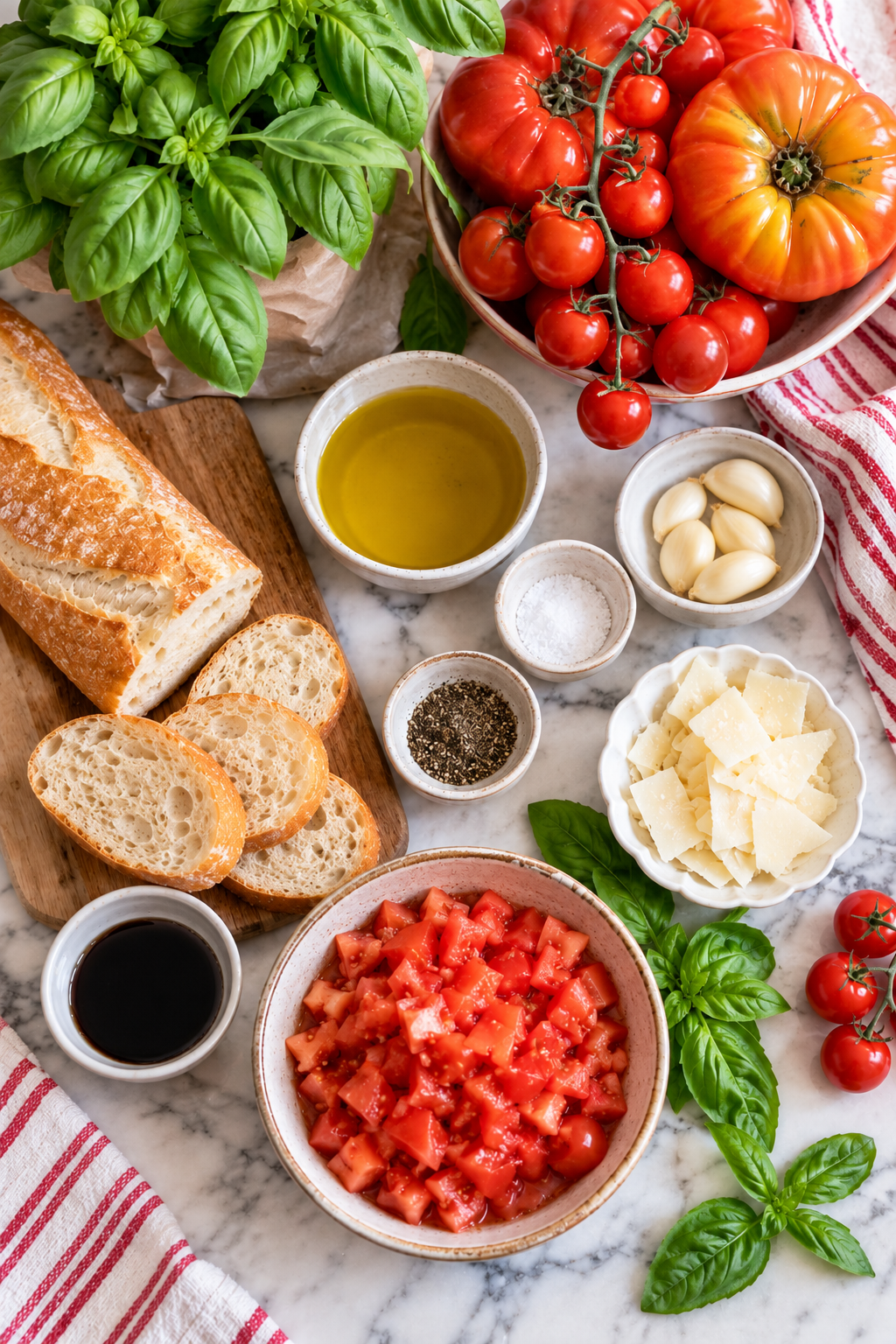 Fresh tomatoes, basil, baguette, garlic, olive oil, balsamic vinegar, Parmesan, salt and pepper for bruschetta