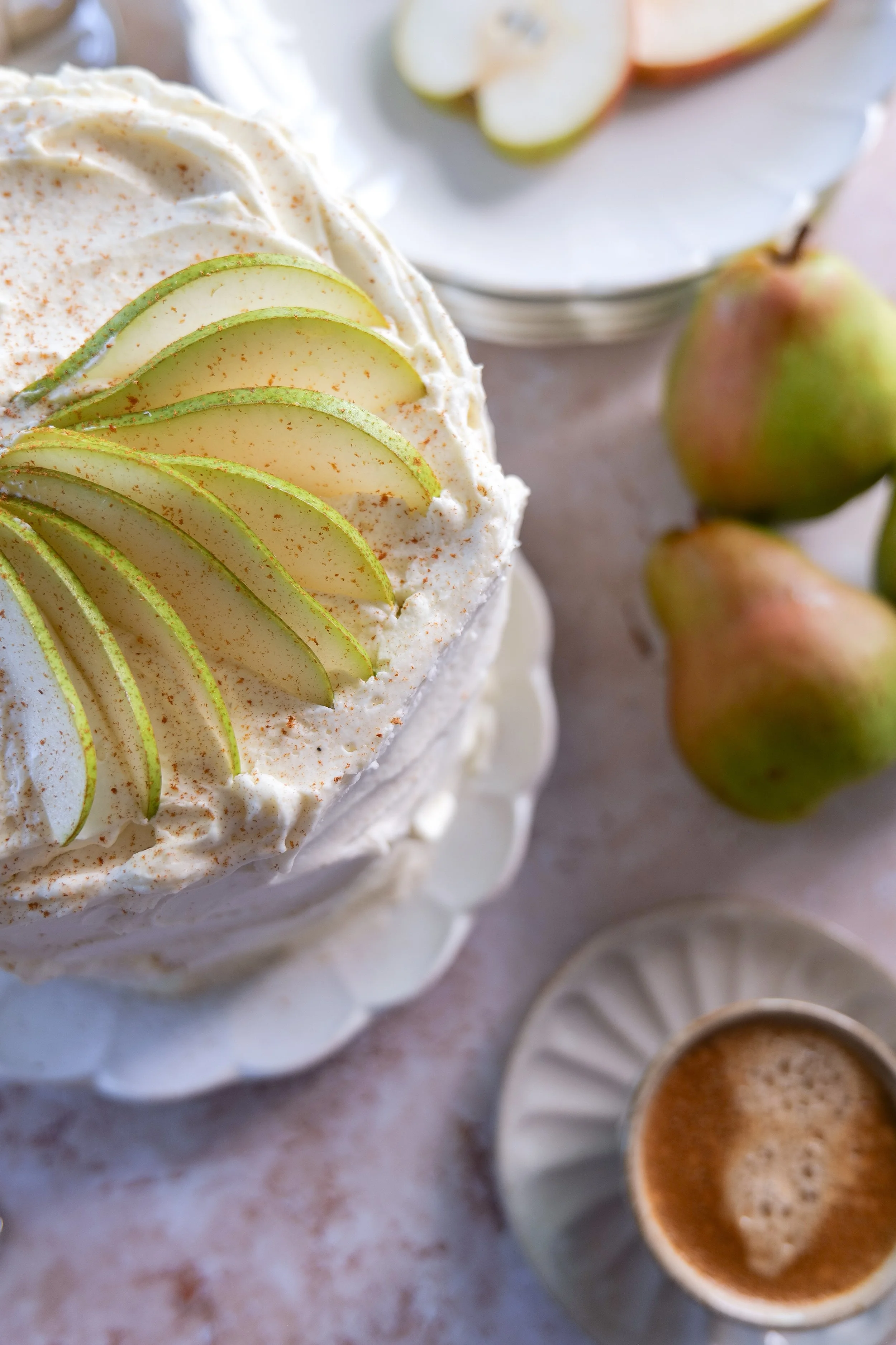 Ingredients for homemade brown butter pear cake with mascarpone cream.
