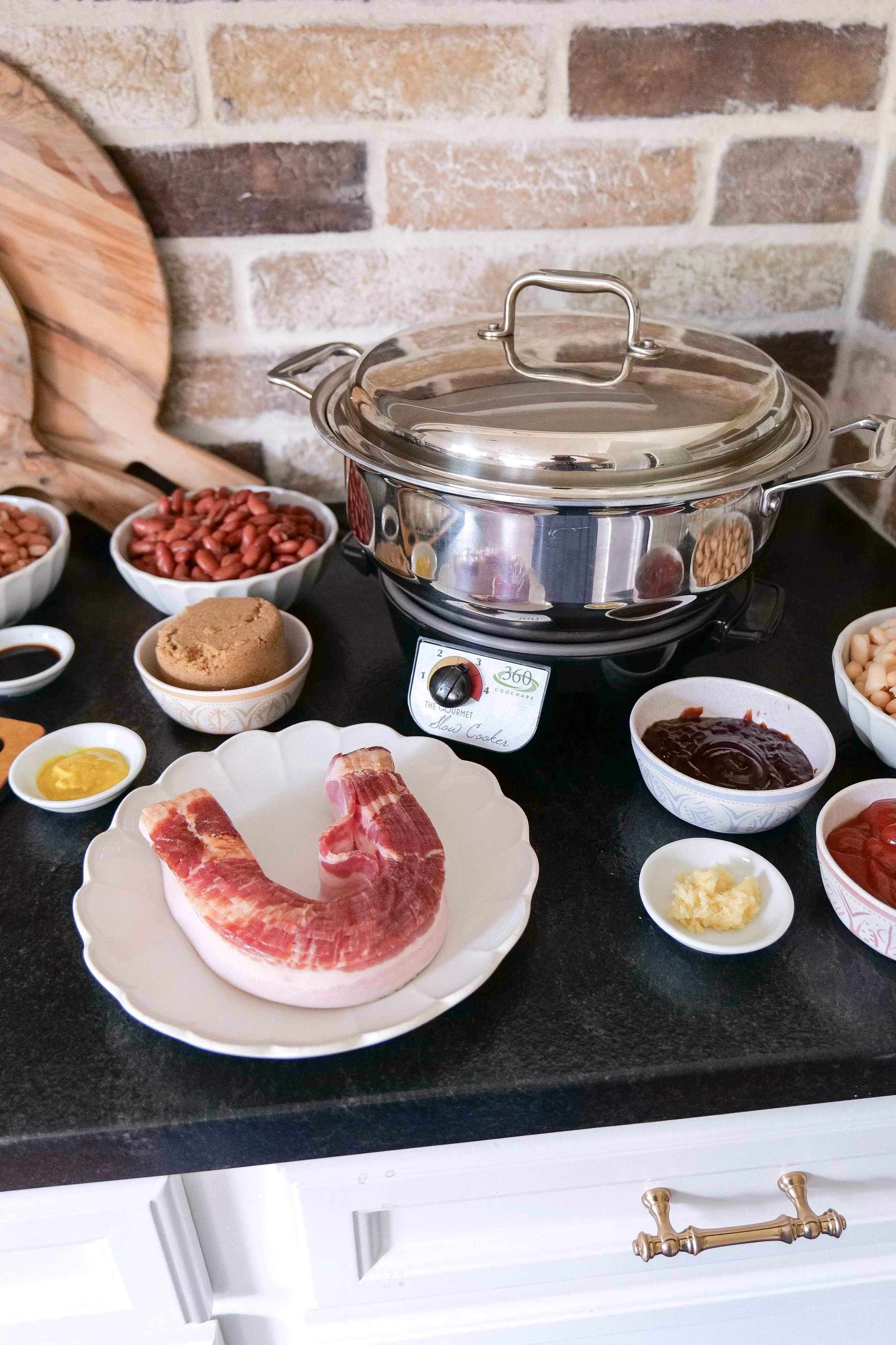 Homemade BBQ beans simmering in a slow cooker for maximum flavor