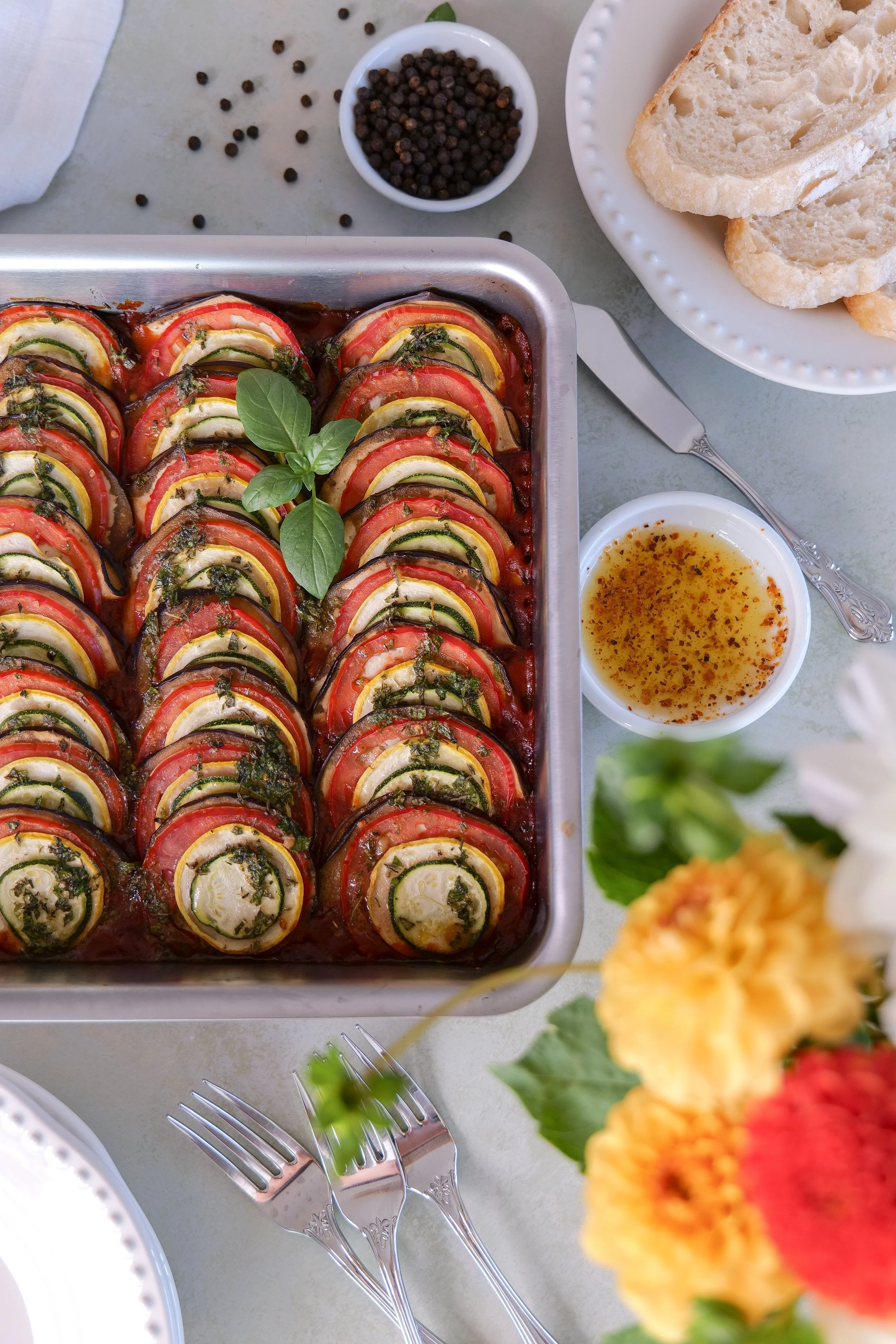 Mediterranean-inspired vegetable stew made with eggplant, zucchini, tomatoes, and peppers.