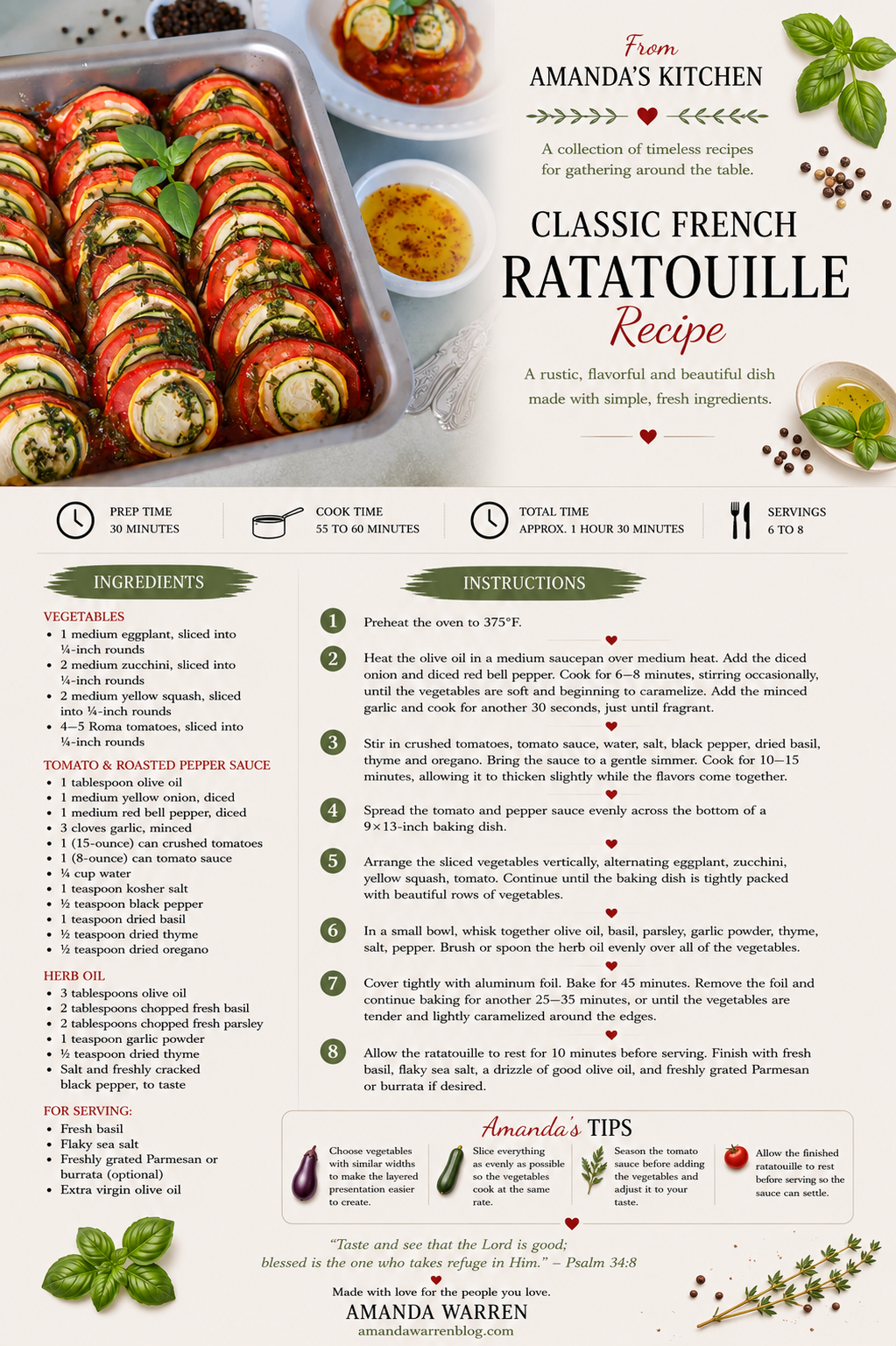 Printable recipe card for classic French ratatouille with farmers market vegetables.