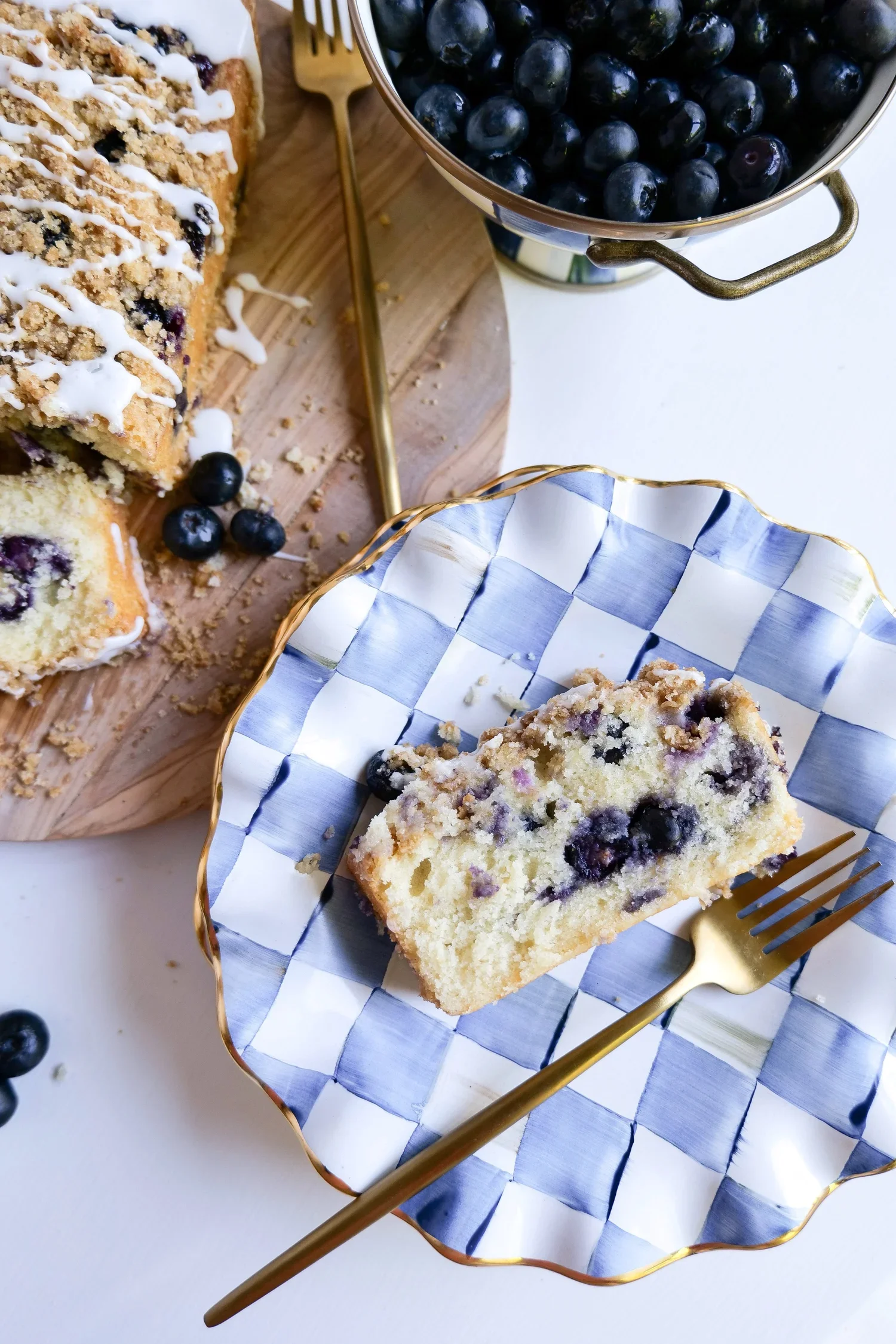 Homemade blueberry crumble streusel loaf ready to slice and freeze.