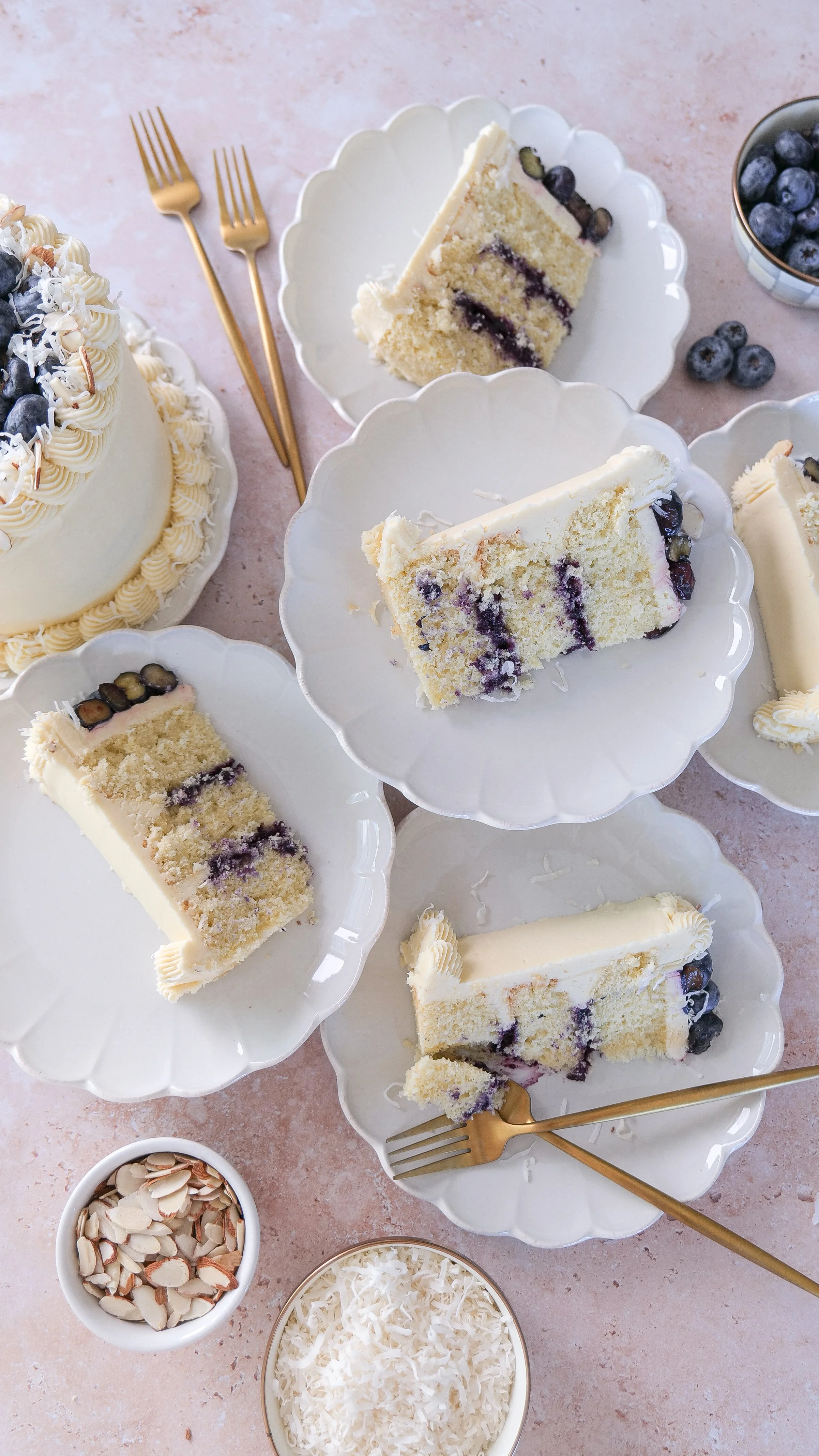 Layer cake with homemade blueberry filling and coconut frosting.