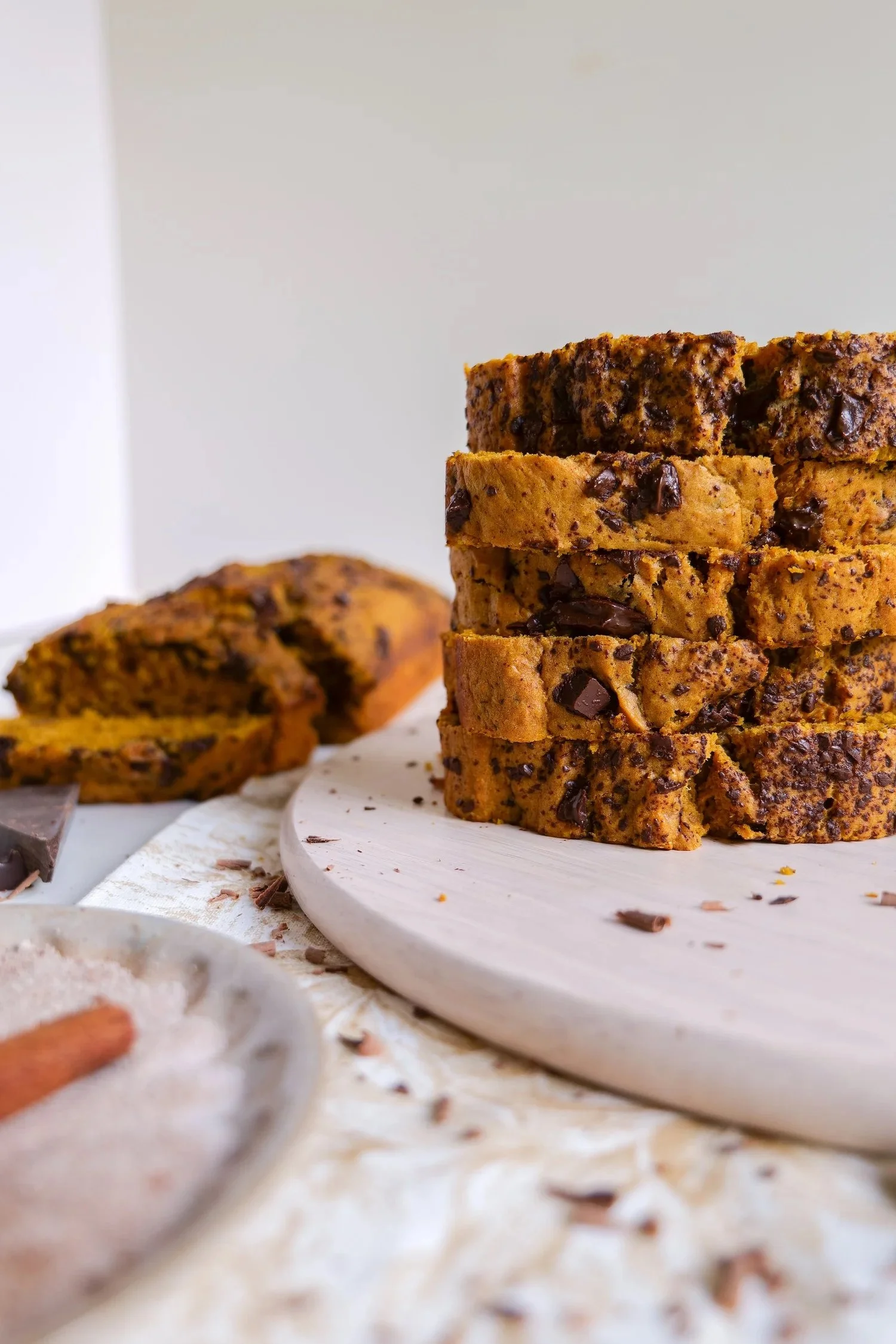 Moist pumpkin chocolate chunk loaf filled with melted chocolate for fall.