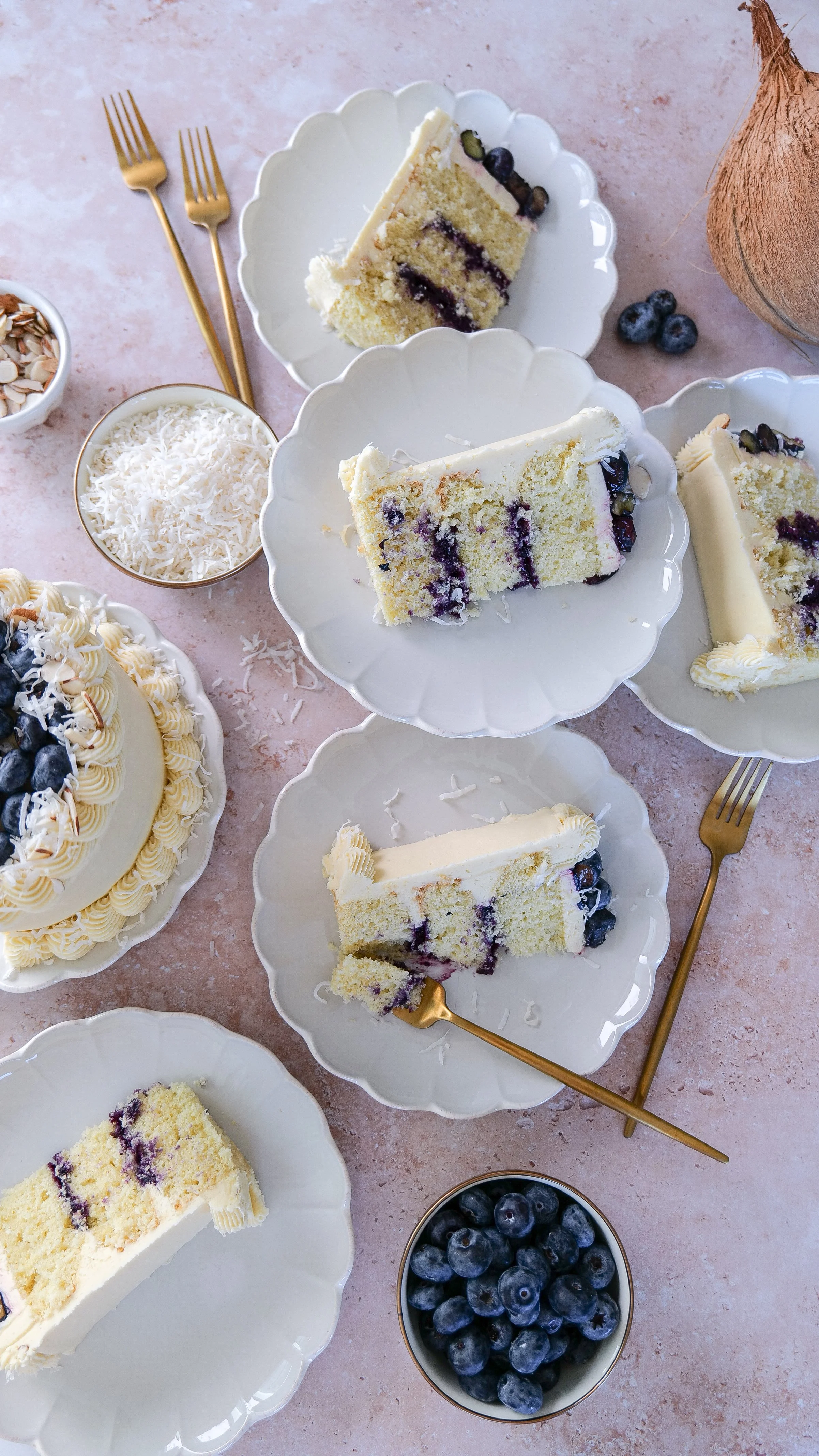 Blueberry curd cake slice with moist almond cake layers.