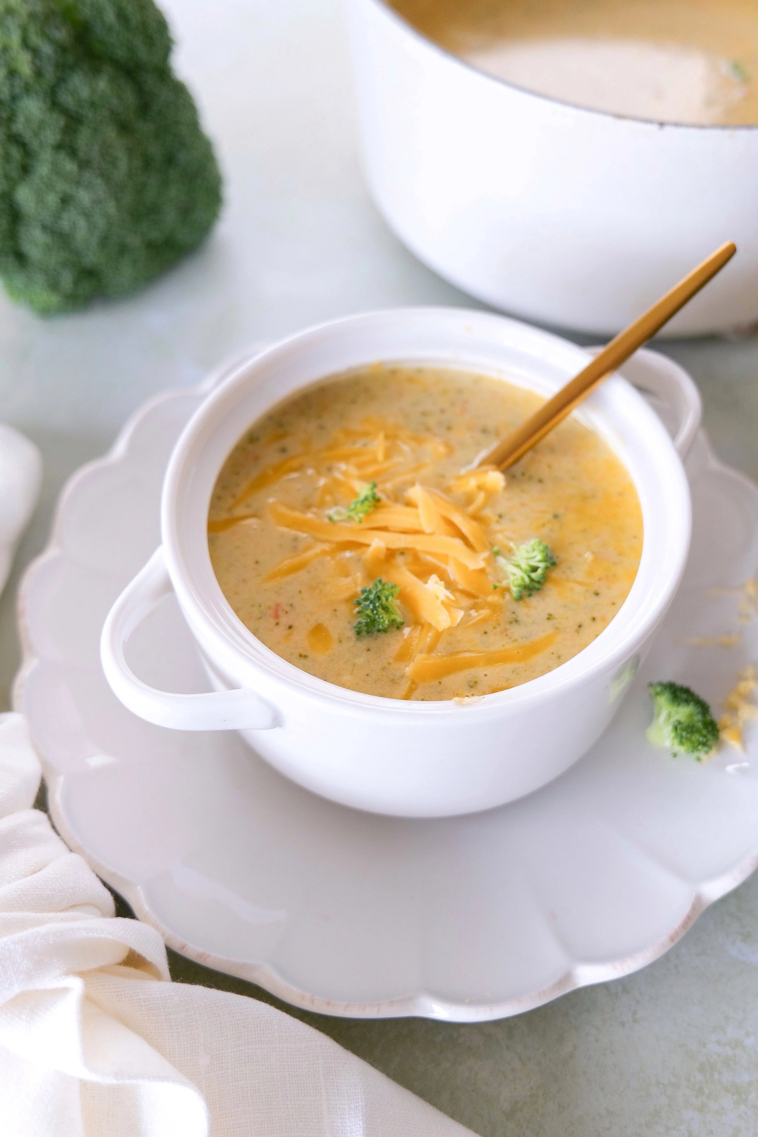 Thick and creamy broccoli cheddar soup made from scratch with cheddar cheese.