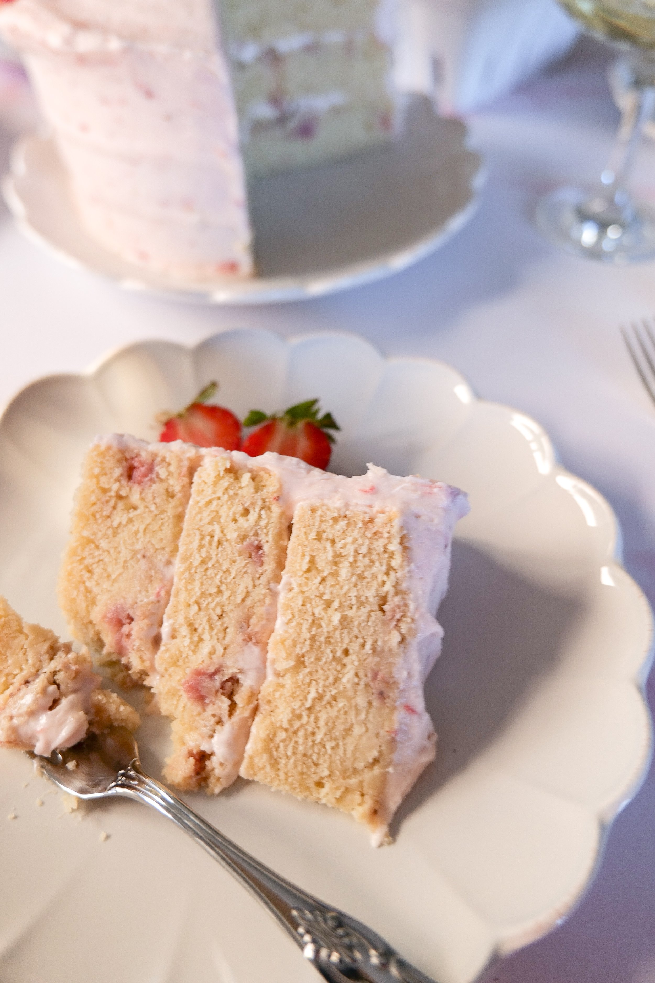 Homemade Strawberry Champagne Cake prepared as a beautiful celebration dessert.