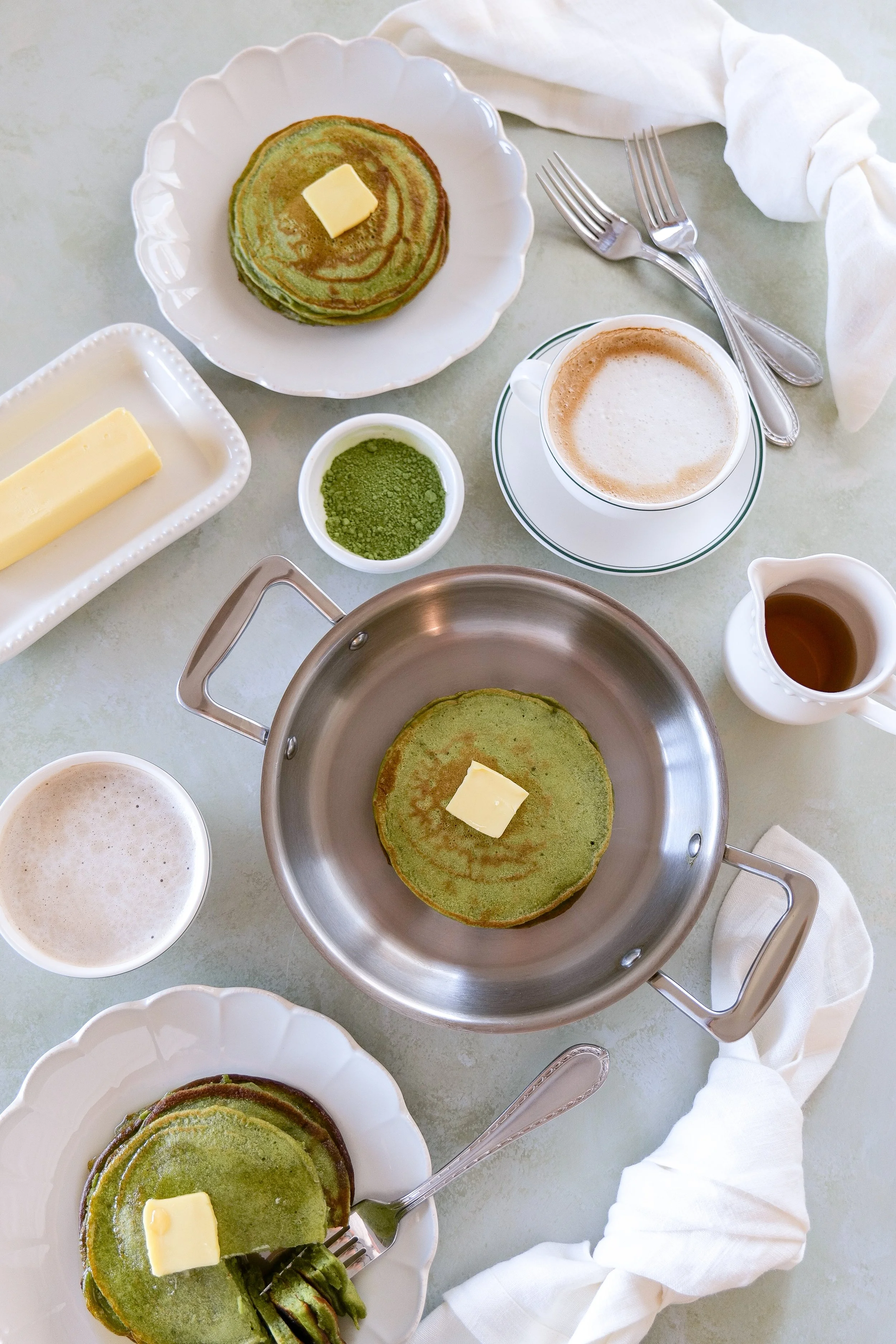 green matcha pancakes made from sourdough discard batter