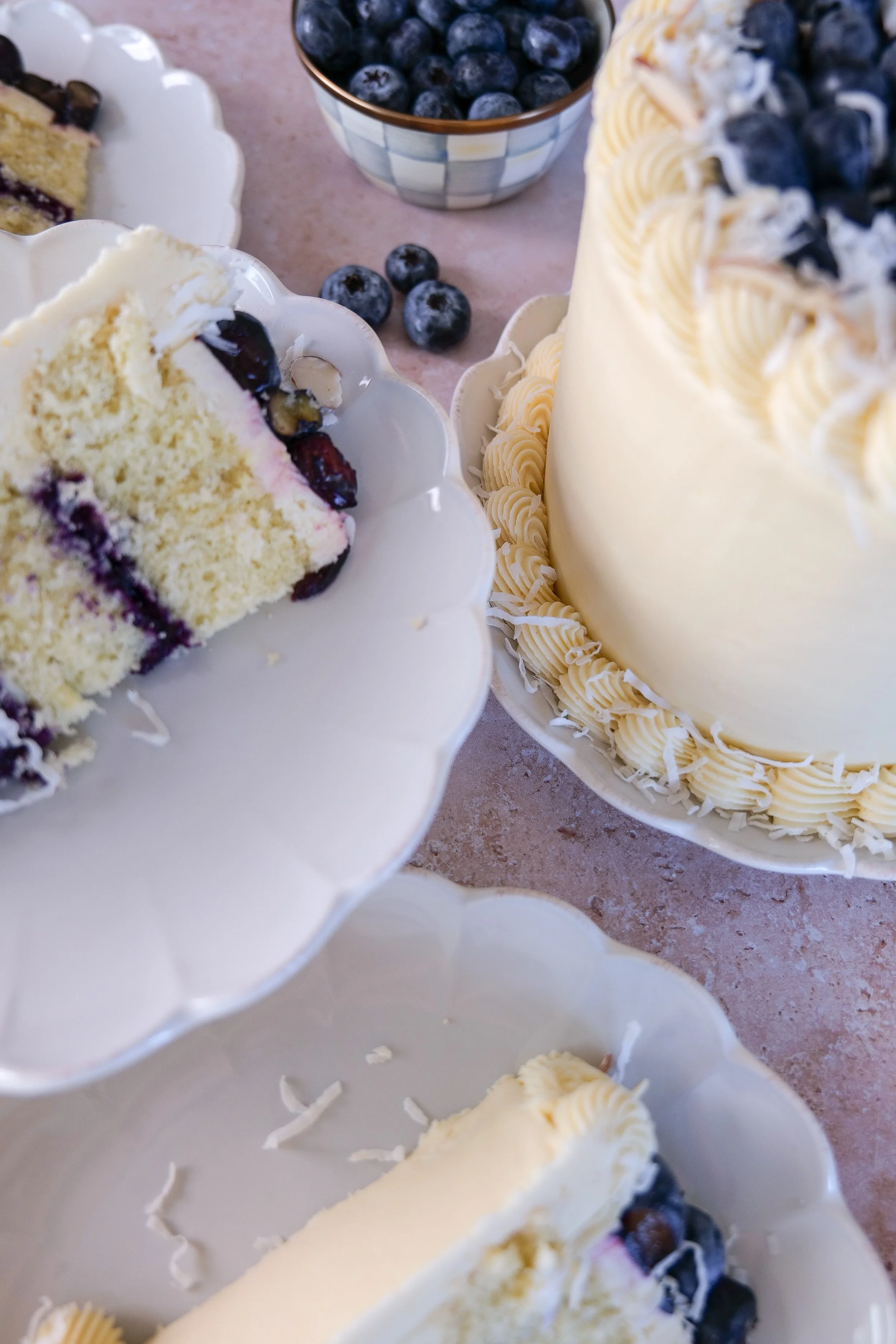 Homemade blueberry cake with almond and coconut flavors.