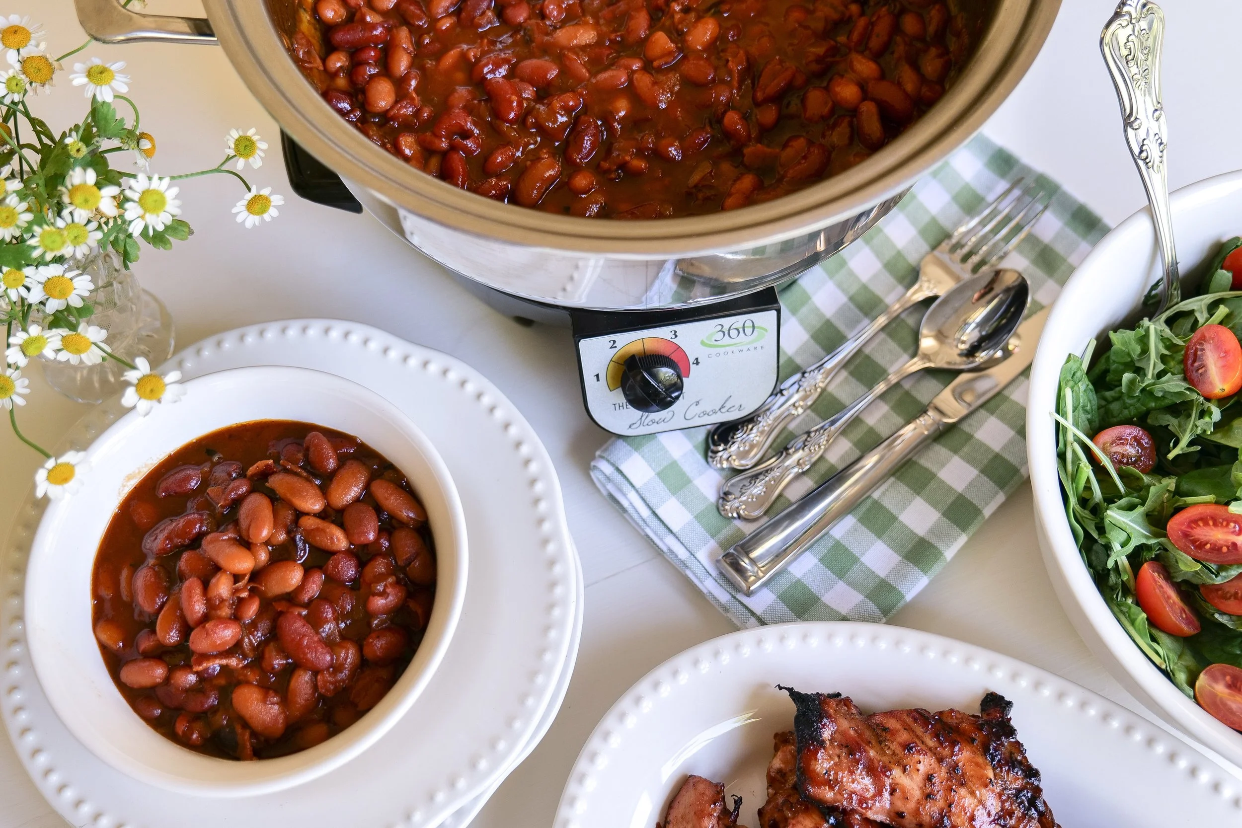 Sweet and savory baked beans made with bacon and three types of beans