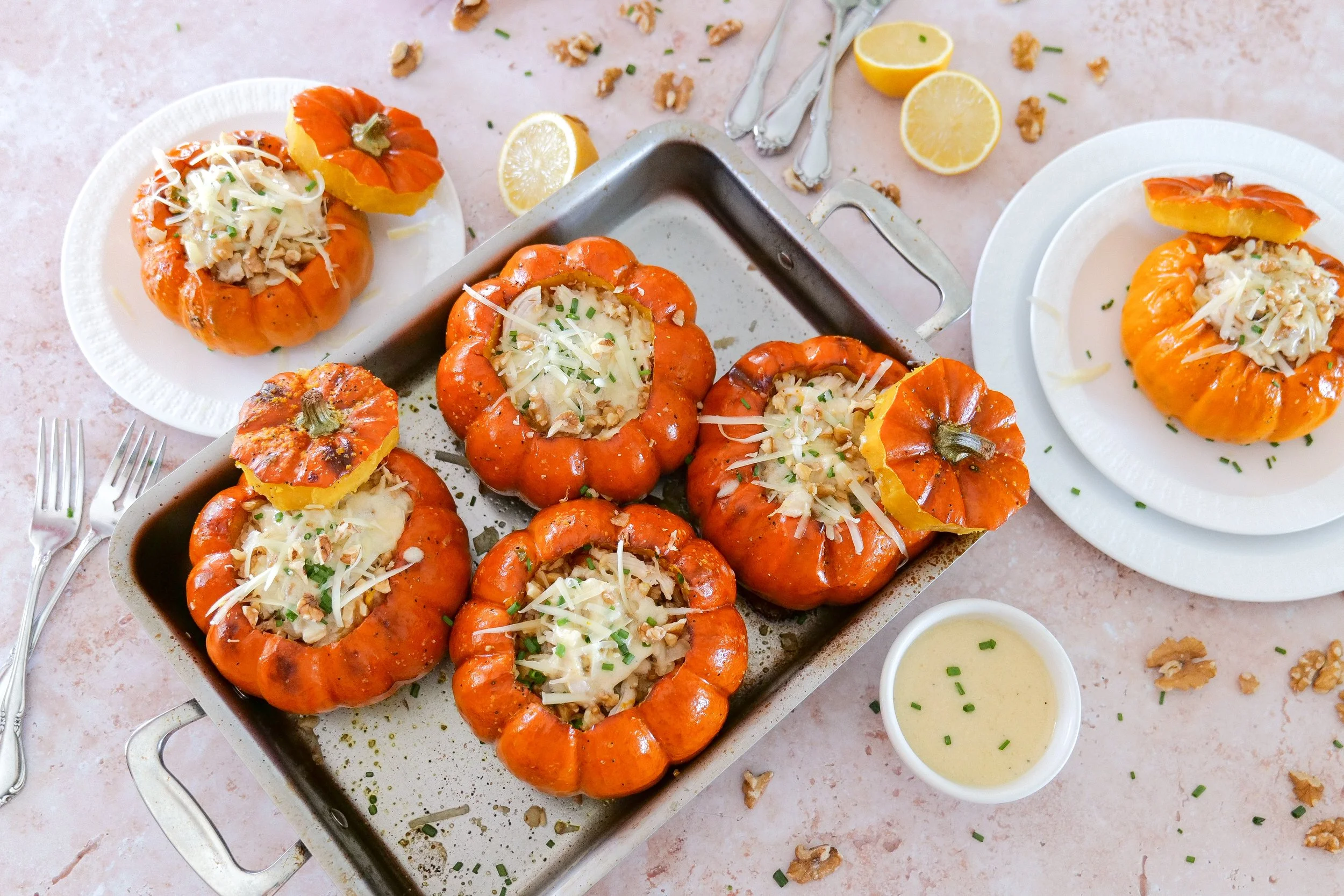 Savory roasted pumpkin filled with creamy chicken, melted Gruyère and chopped walnuts.