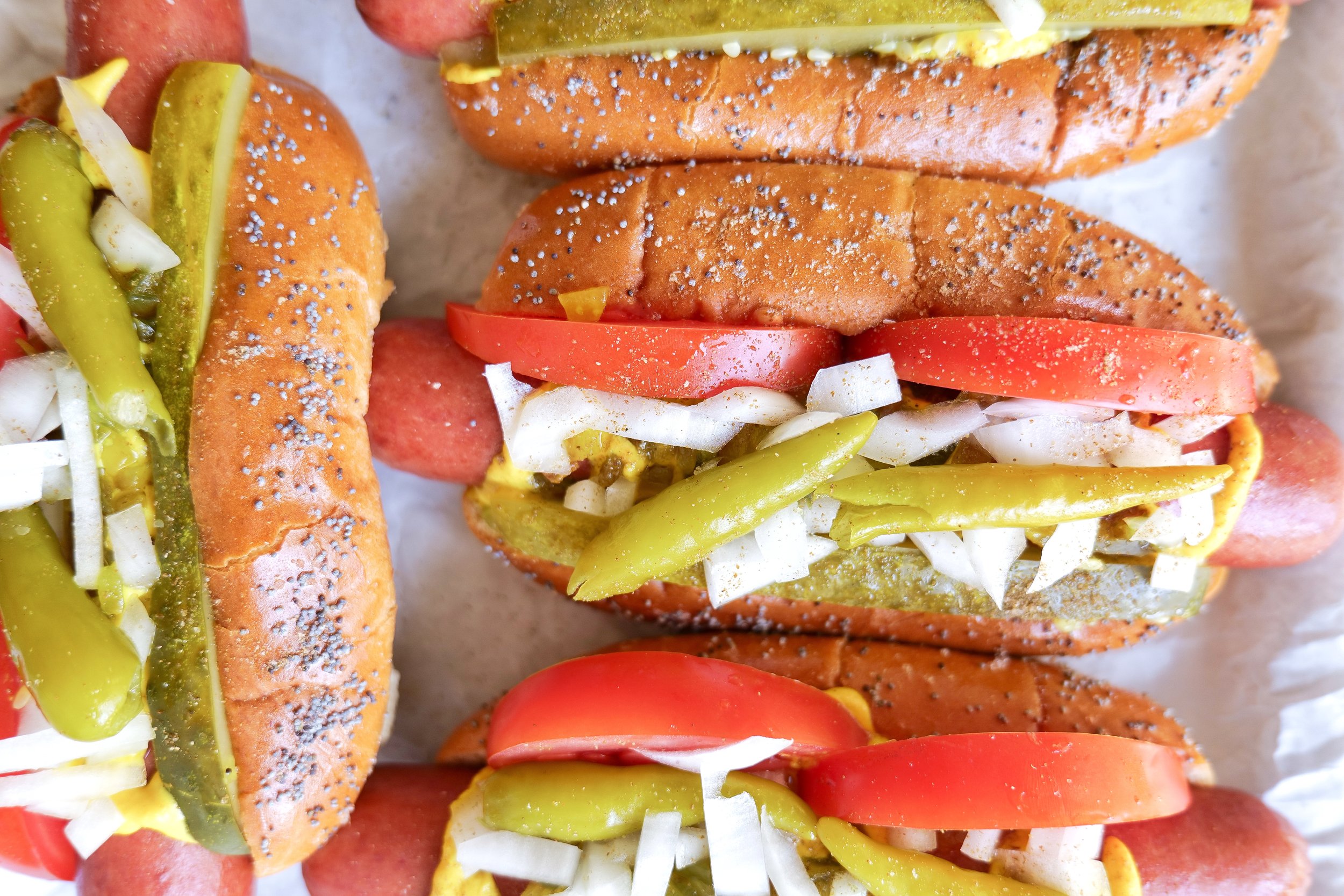 Homemade Chicago dogs served for an Americana-inspired summer dinner.