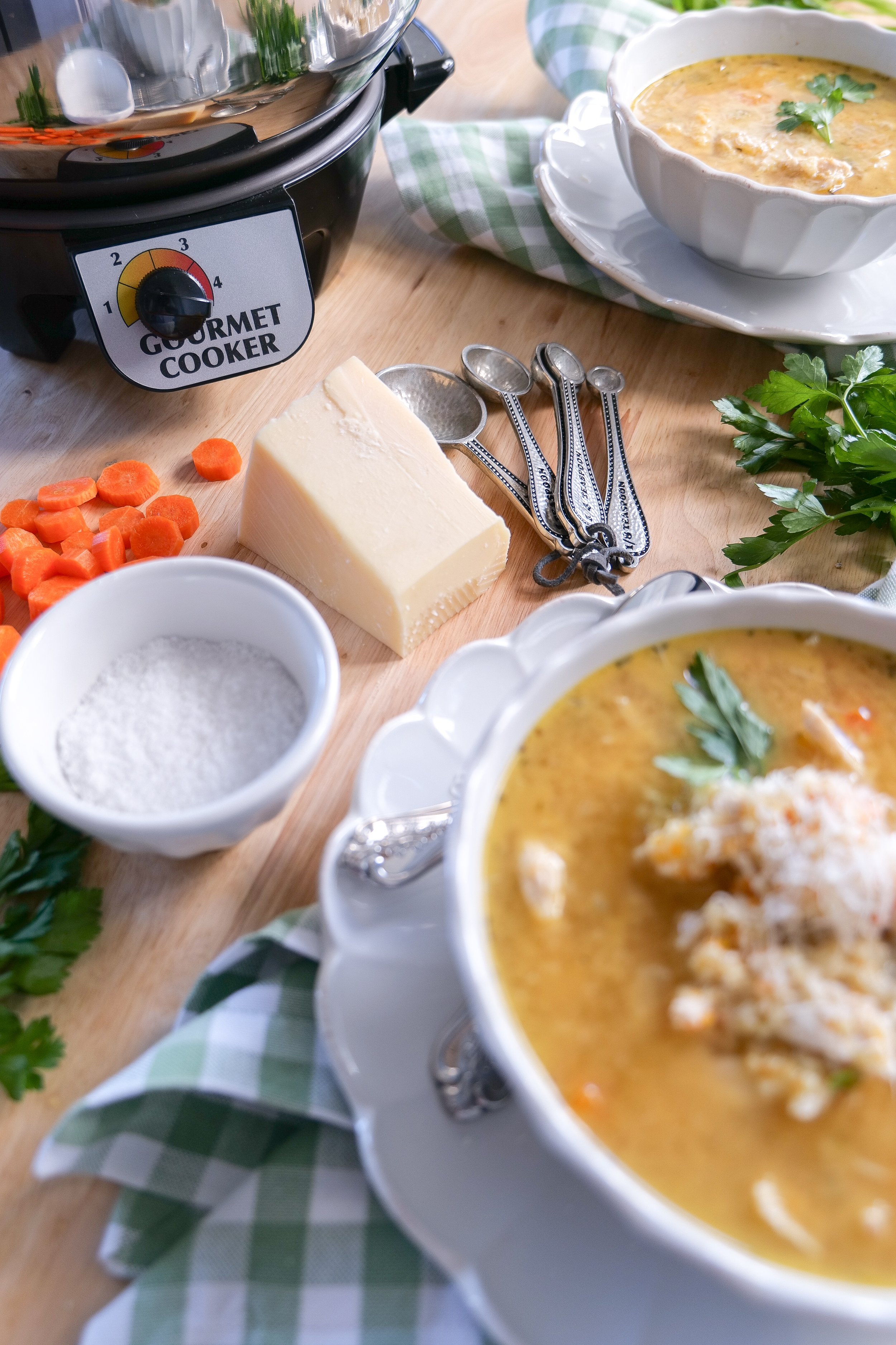 Italian pastina chicken soup with tender shredded chicken and vegetables in a savory broth.