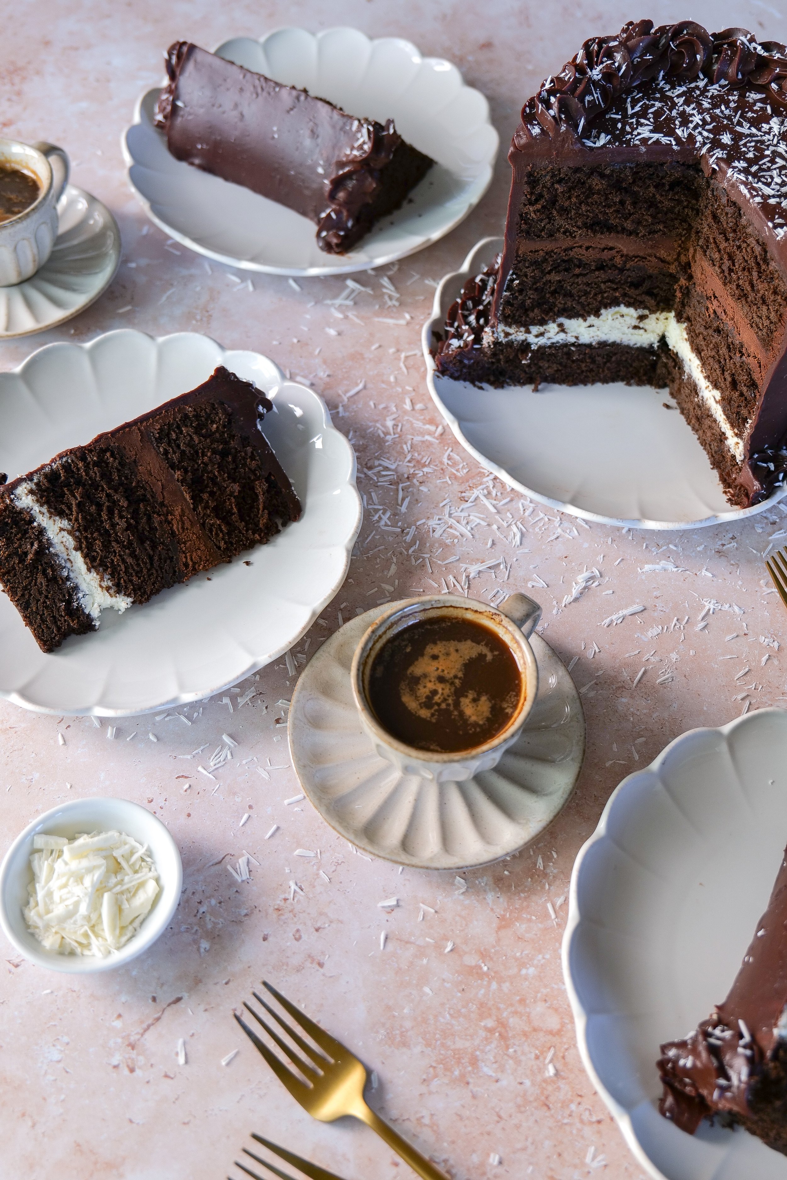 Rich espresso chocolate Tuxedo Cake made with brown butter and layers of chocolate mousse.