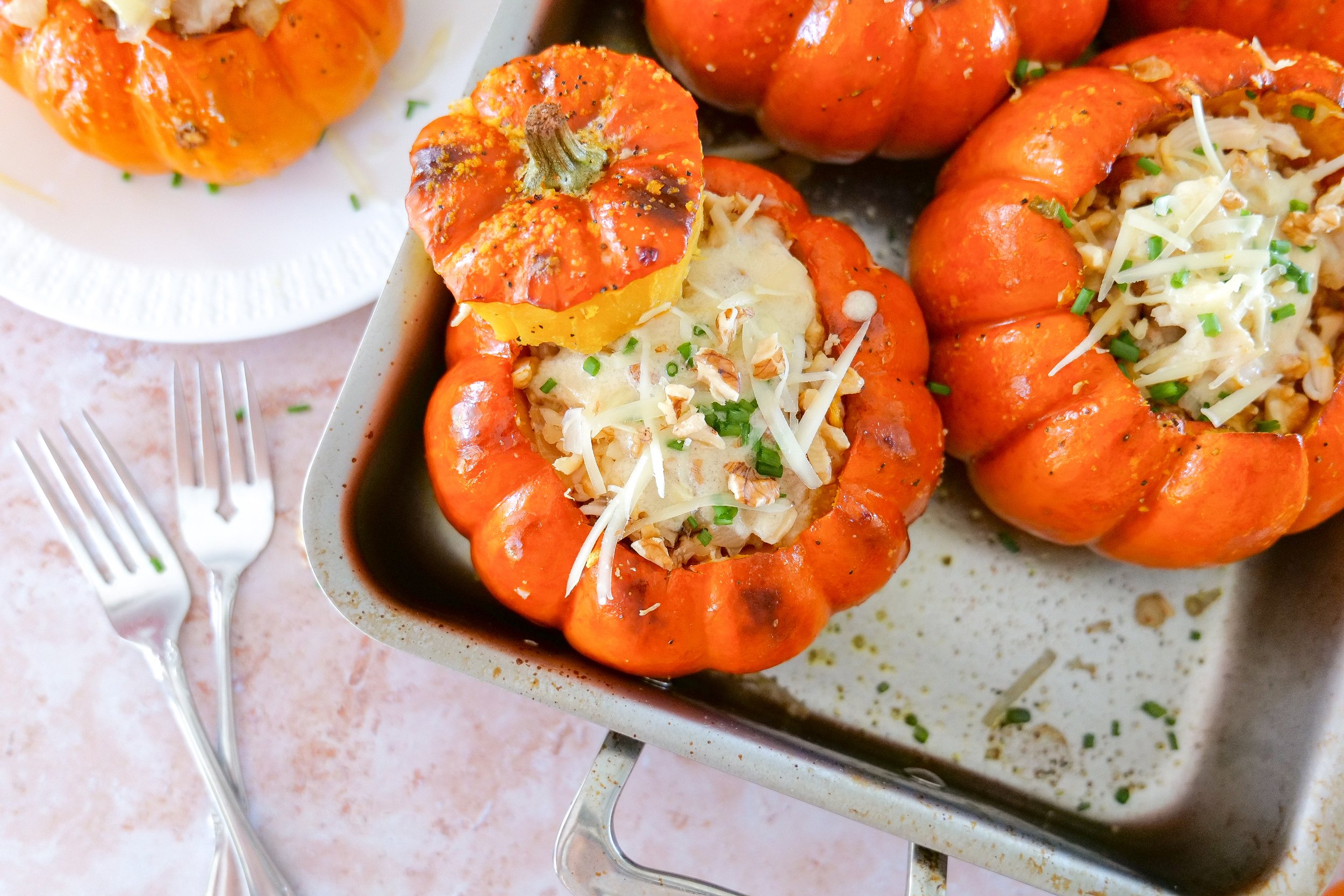 Savory stuffed pumpkins with a creamy chicken filling served warm for fall.