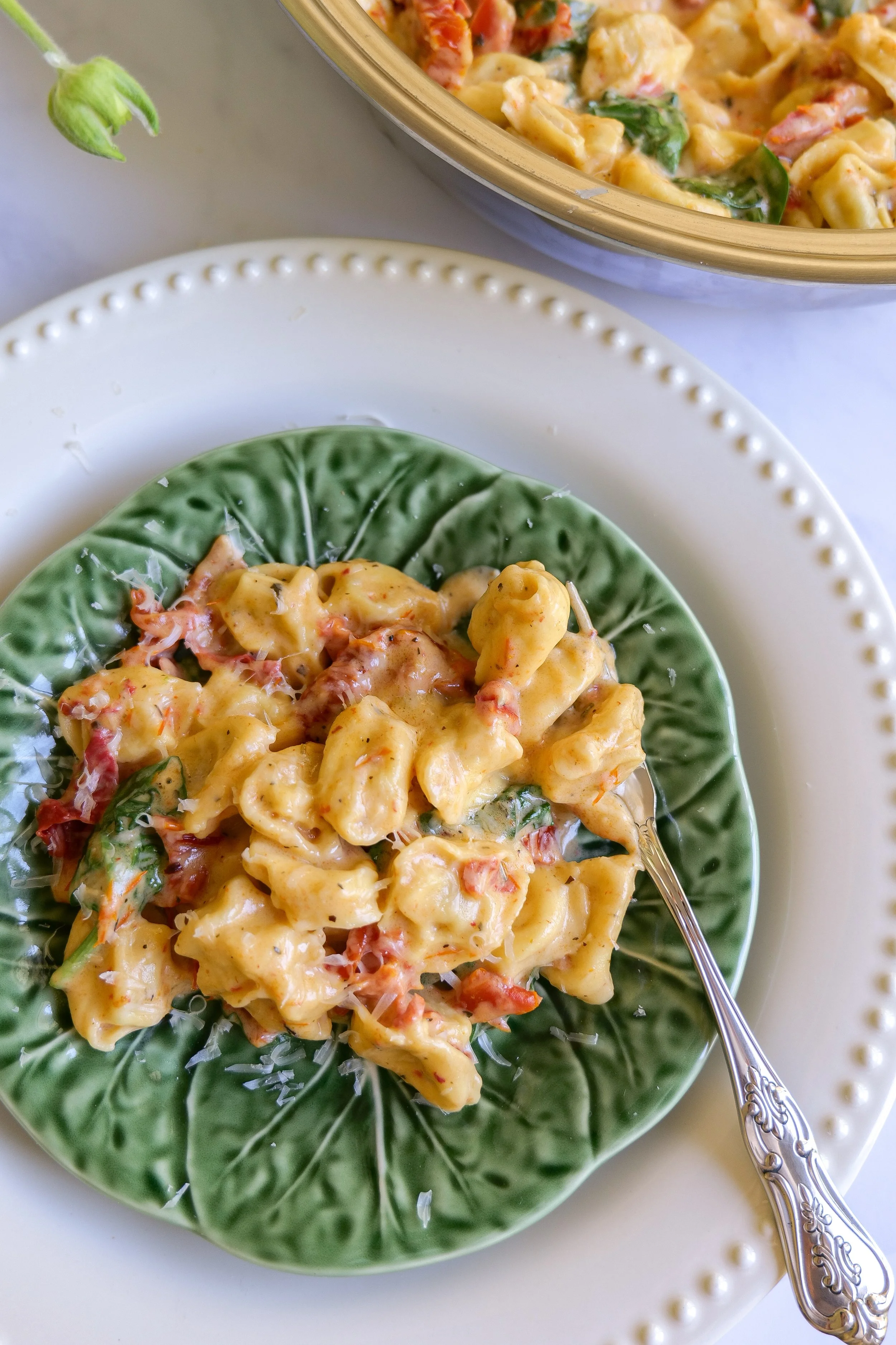 Freshly cooked One Pot Marry Me Tortellini placed on the table