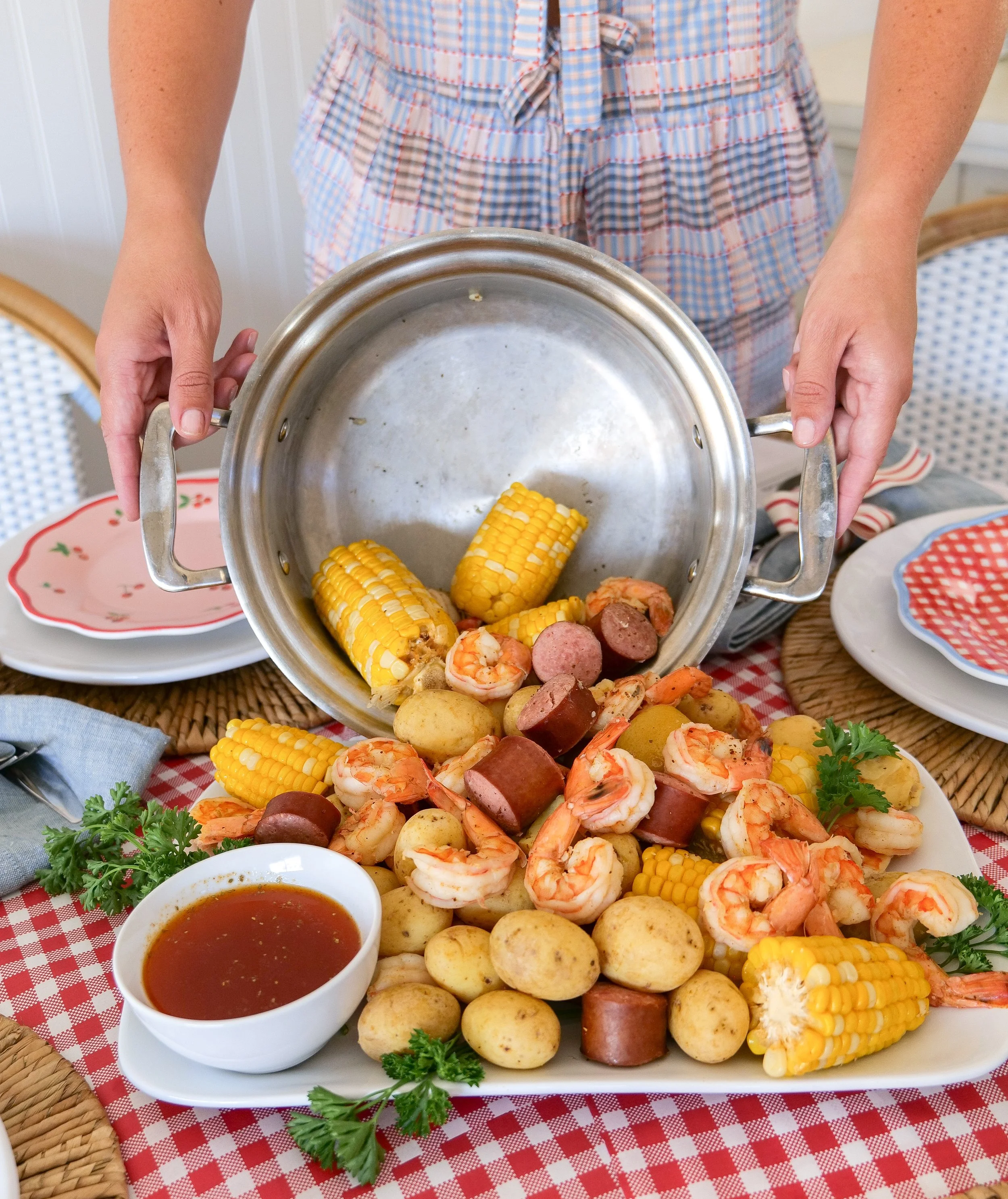 Shrimp boil served in a large serving bowl ready for summer entertaining.