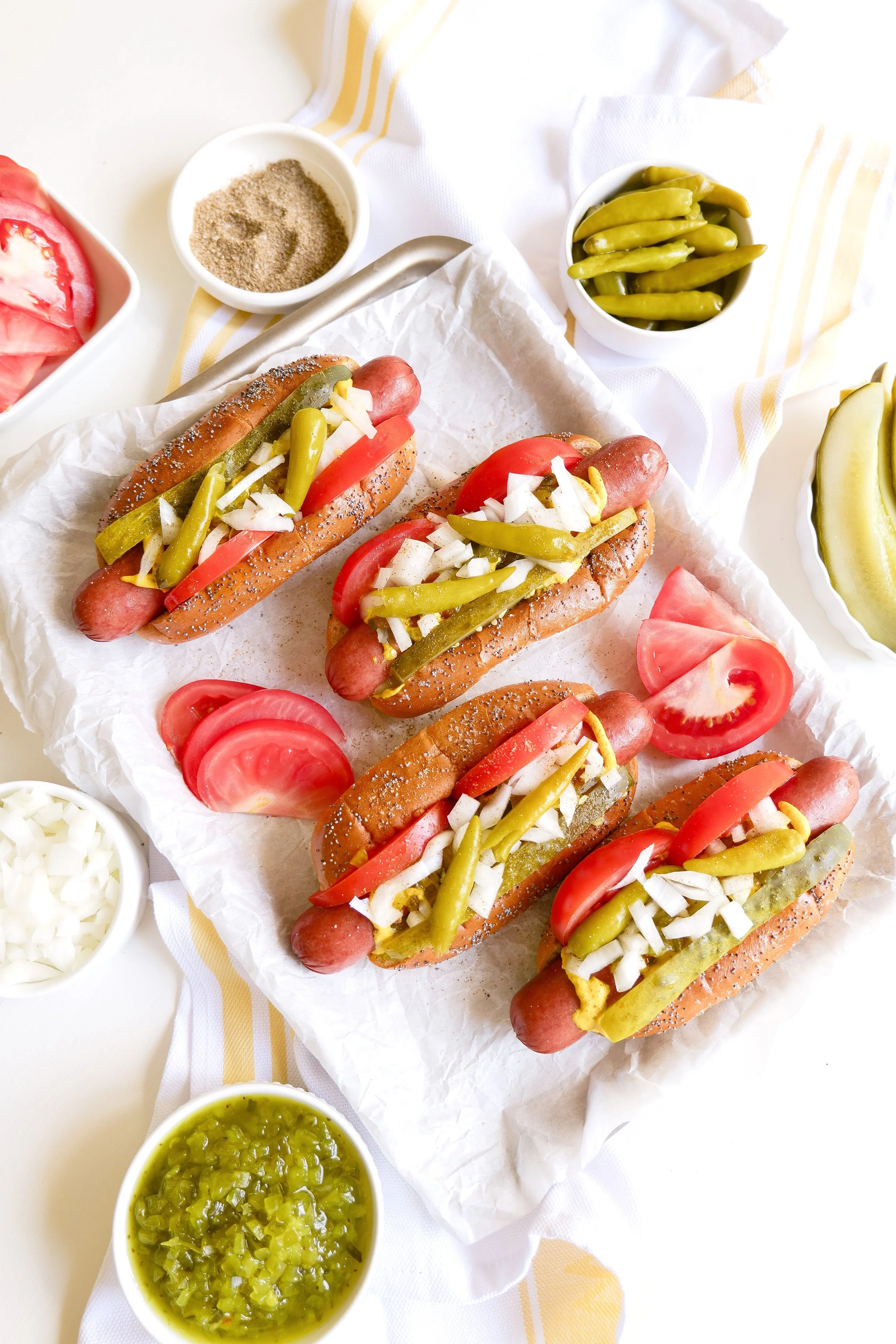 Easy Chicago style hot dog recipe for summer grilling and entertaining.