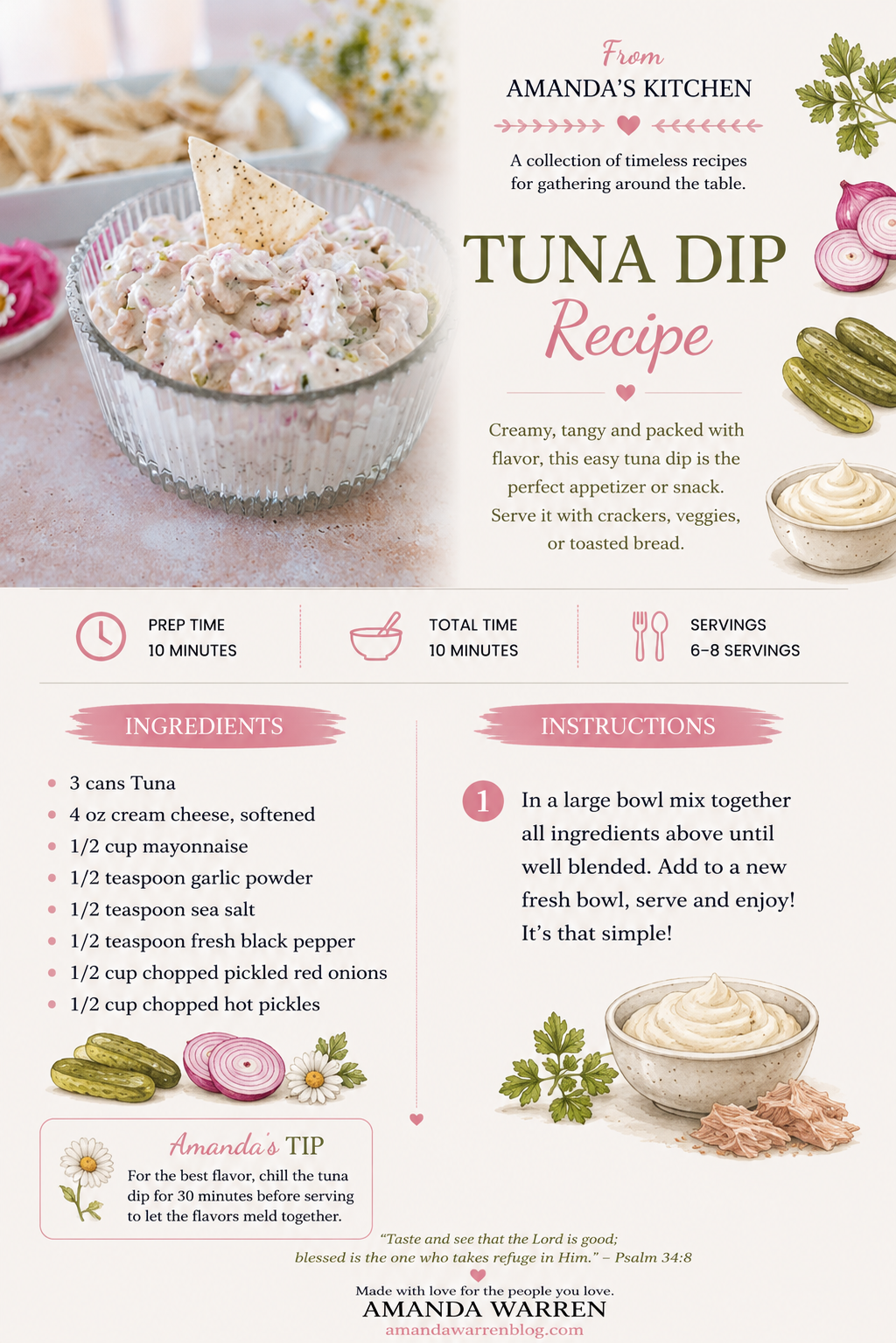 Creamy tuna dip with pickles printable recipe card