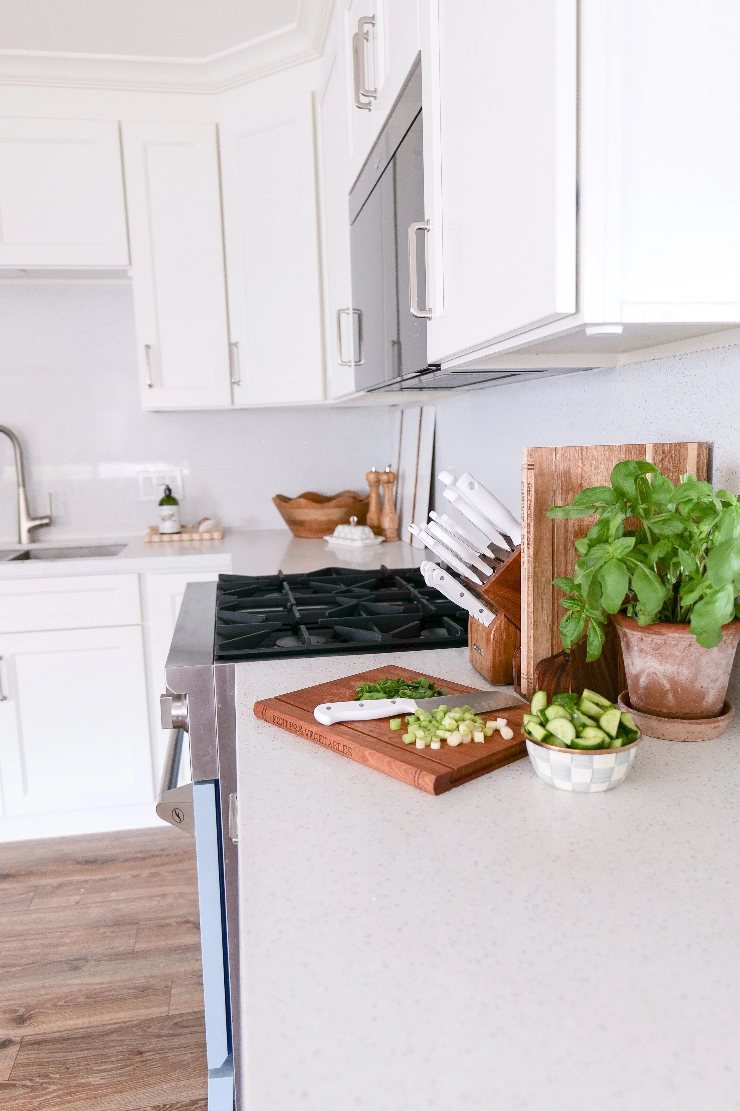 light-colored speckled laminate countertop in a coastal kitchen