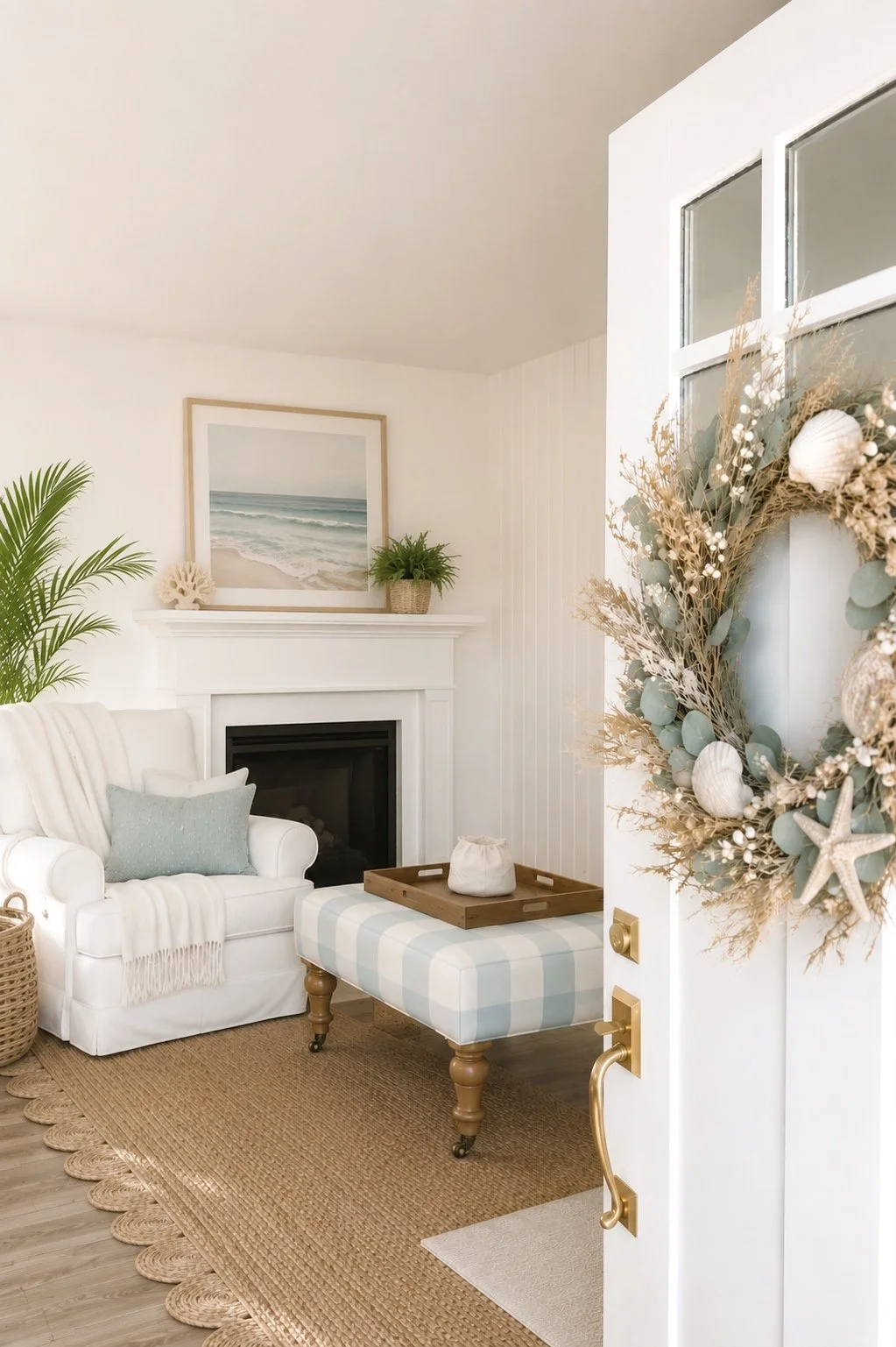 Soft coastal-inspired home featuring elegant brass door knobs and bright white trim.