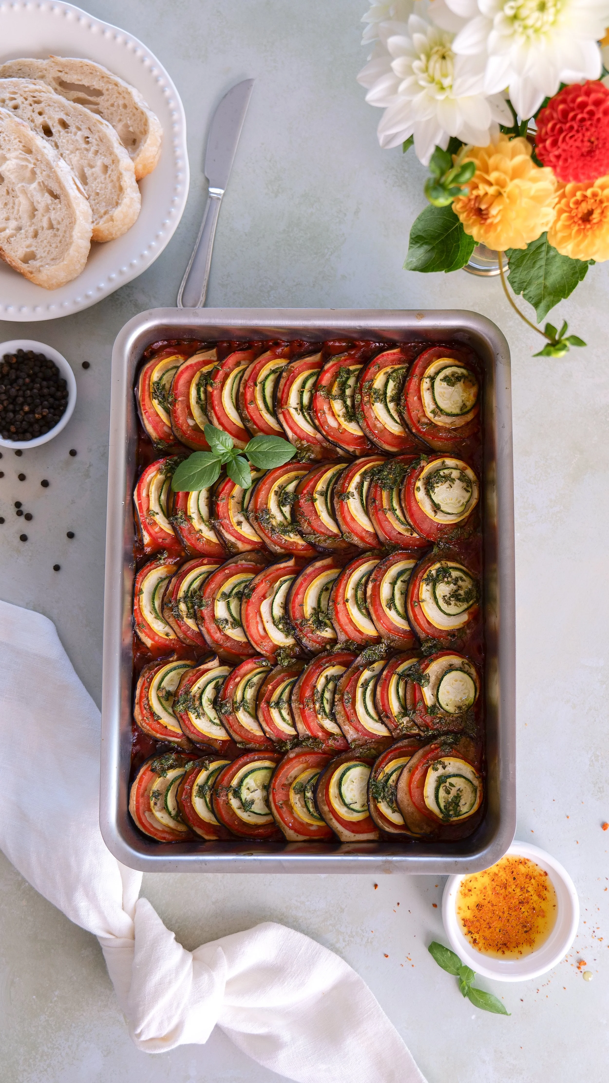 Classic French ratatouille served with slices of warm crusty bread.