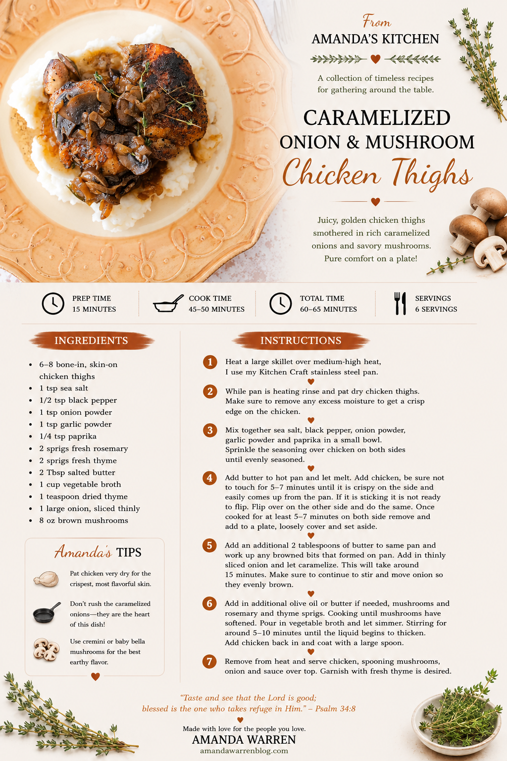Printable recipe card for caramelized onion and mushroom chicken thighs from Amanda's Kitchen.