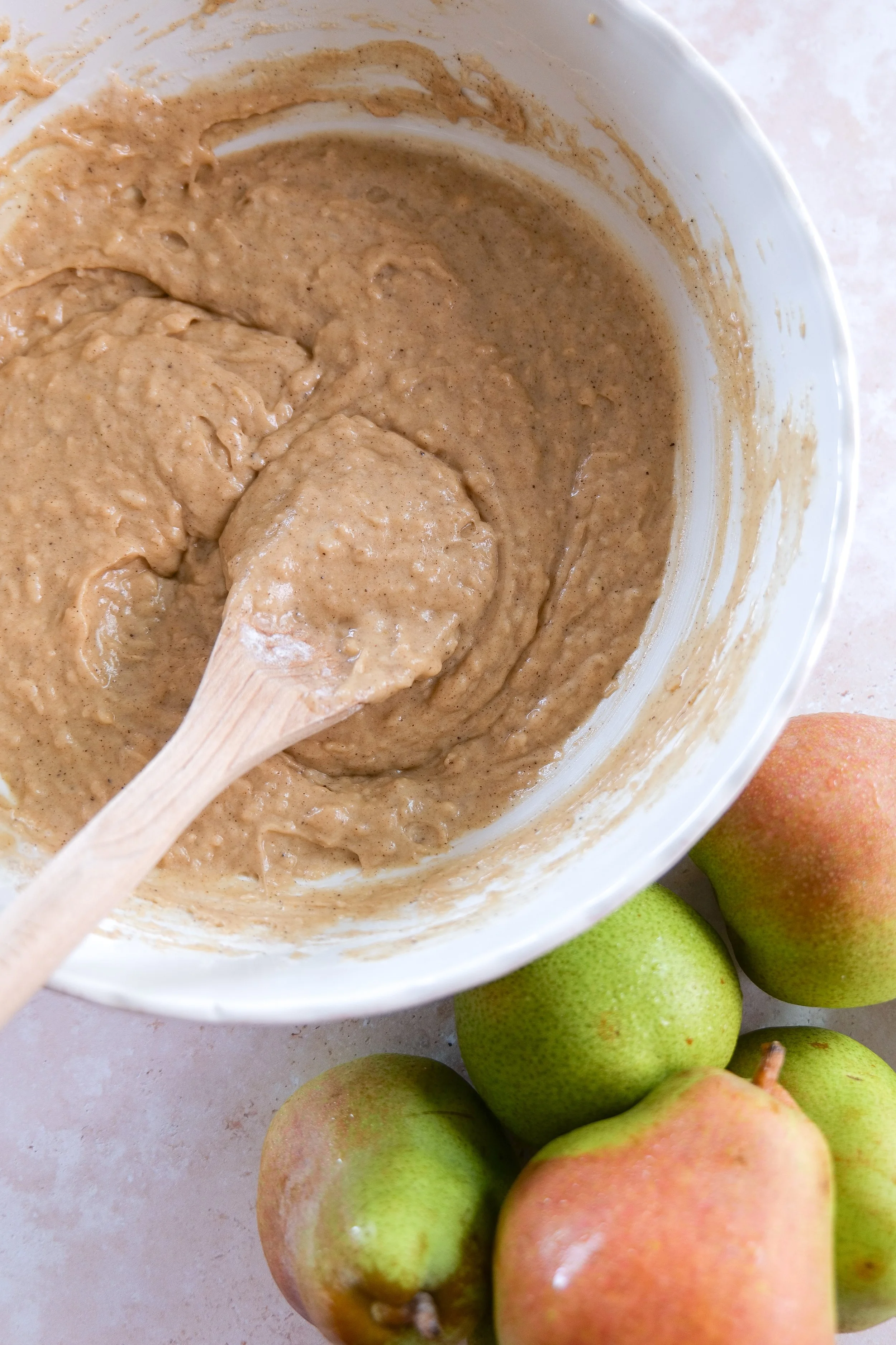 Brown butter pear cake batter before baking.