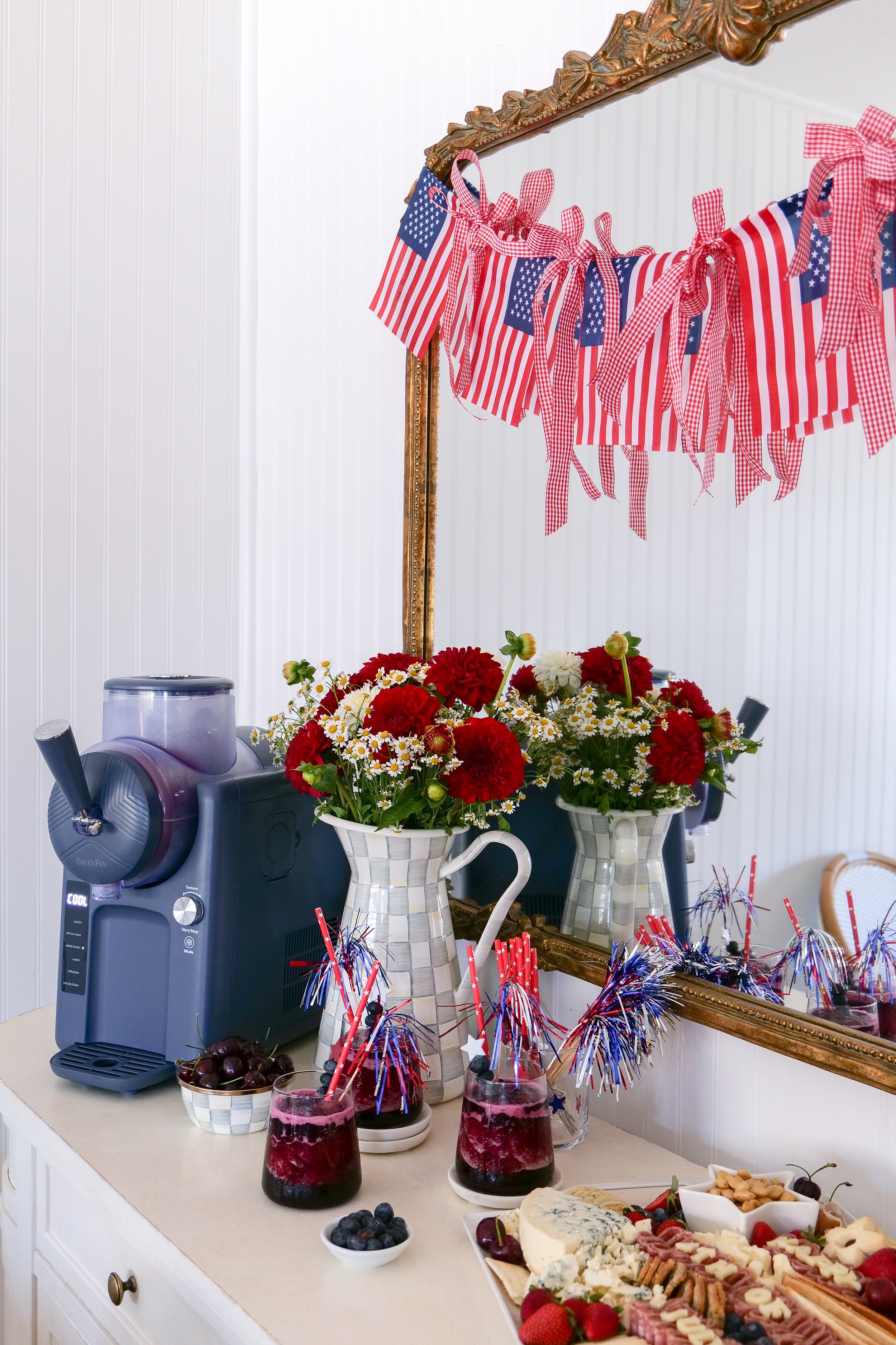 Shrimp boil party table decorated for a Fourth of July celebration.