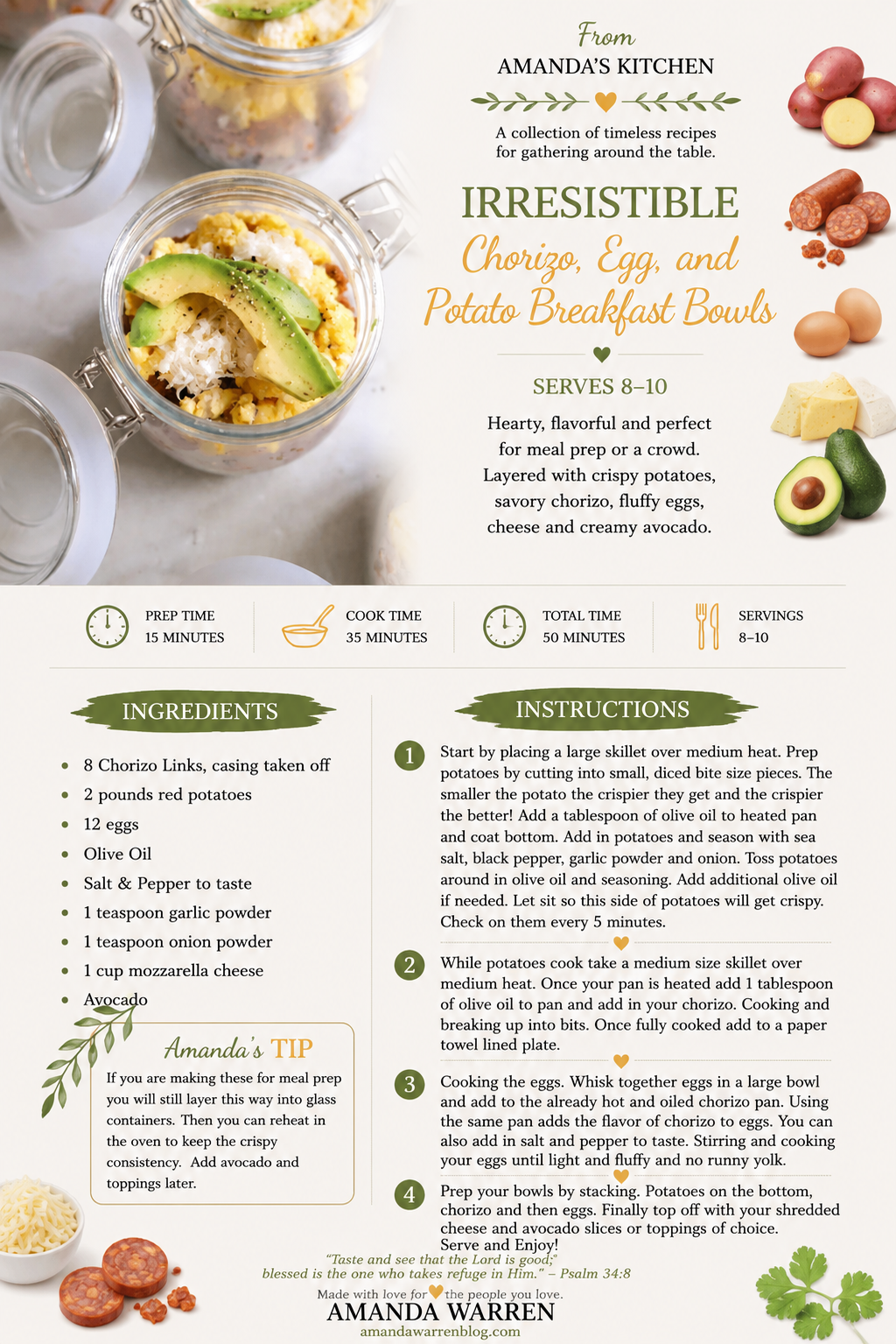 Printable Chorizo, Egg and Potato Breakfast Bowls recipe card from Amanda's Kitchen.