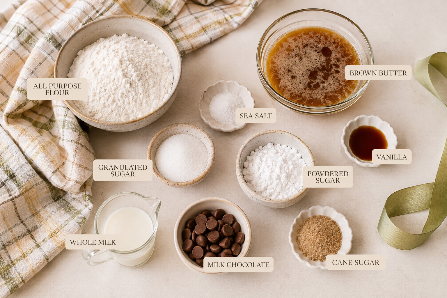 Ingredients for homemade brown butter shortbread cookies including flour, butter, sugar, vanilla, milk, and chocolate.