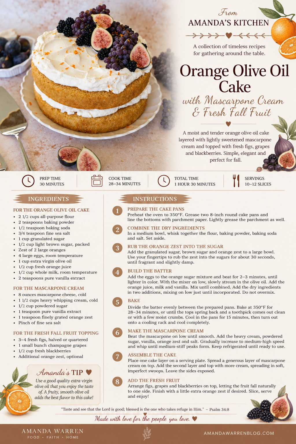 Printable recipe card for Orange Olive Oil Cake with Mascarpone Cream and Fresh Fall Fruit