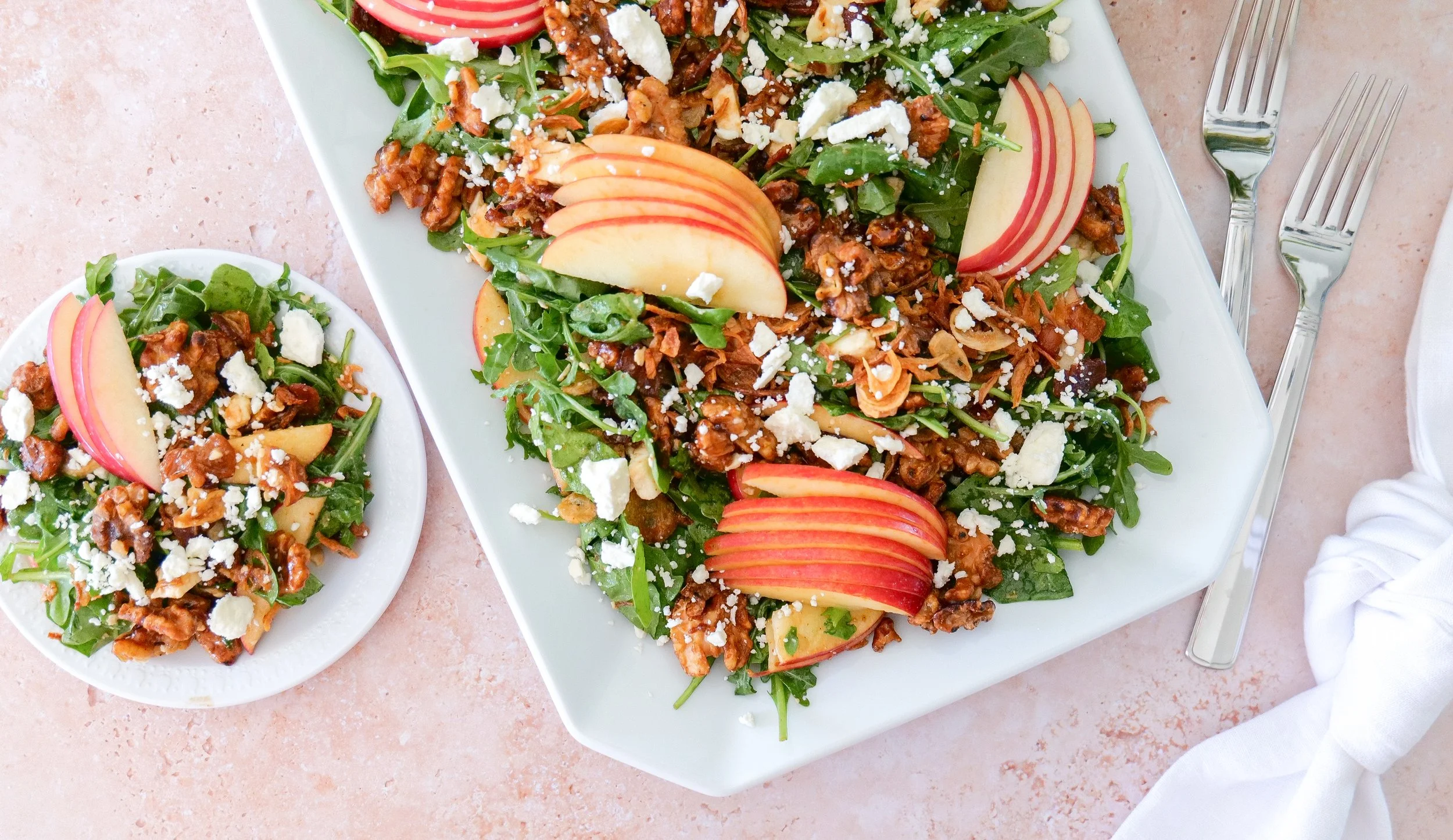 Apple and feta fall salad with maple walnuts, bacon and crispy shallots.