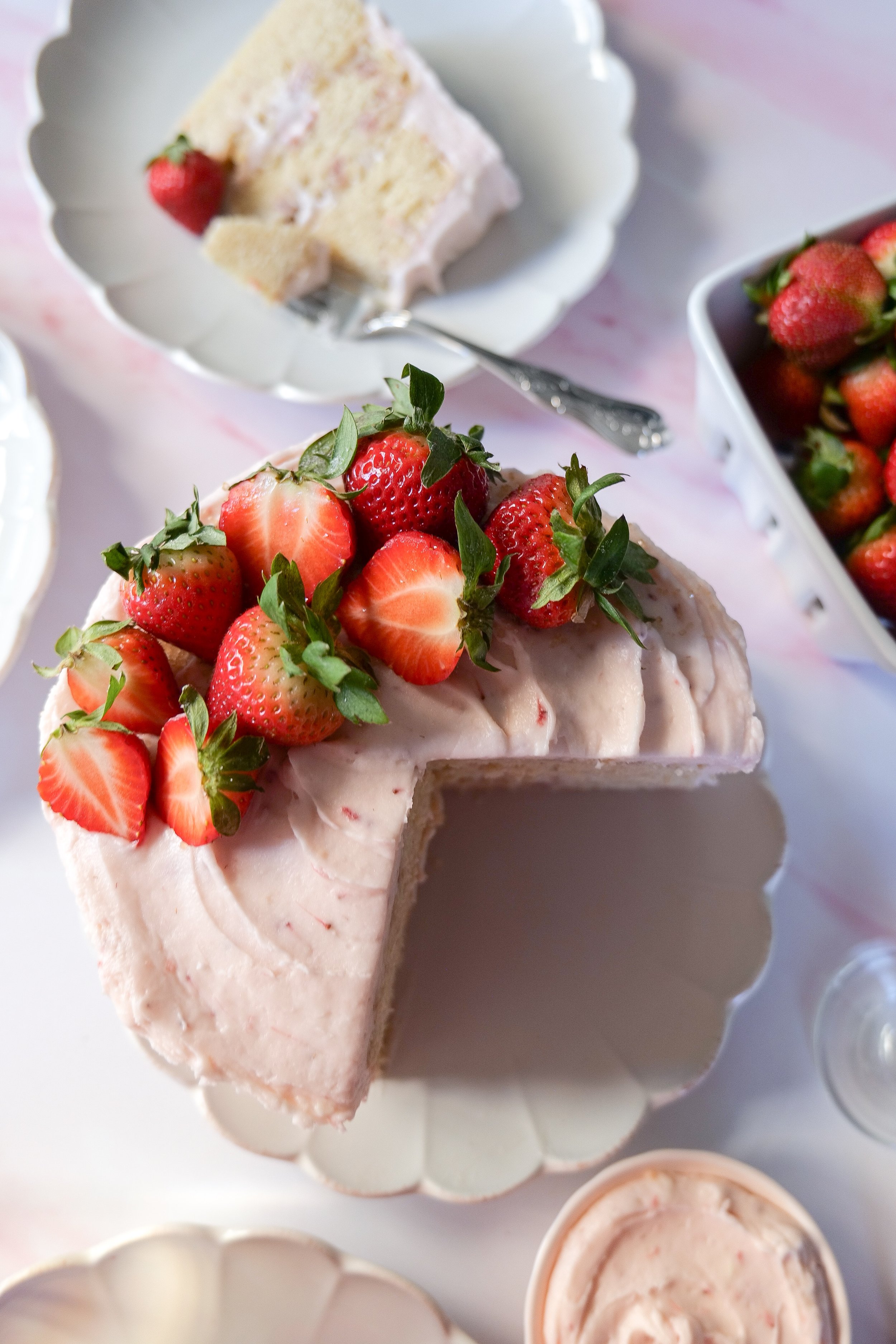 Strawberry champagne celebration cake made for birthdays, showers and special occasions.