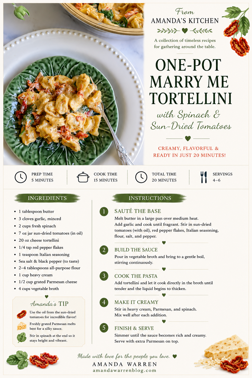 Printable One-Pot Marry Me Tortellini recipe card featuring creamy cheese tortellini with spinach, sun-dried tomatoes, Parmesan, and a rich garlic cream sauce ready in 20 minutes.