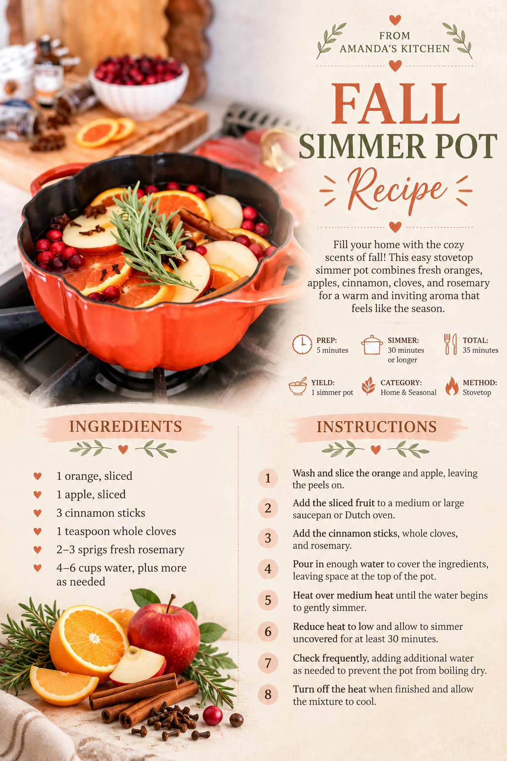 Fall simmer pot recipe card from Amanda's Kitchen featuring oranges, apples, cranberries, cinnamon sticks, cloves, star anise, and fresh rosemary for an easy homemade autumn stovetop potpourri.