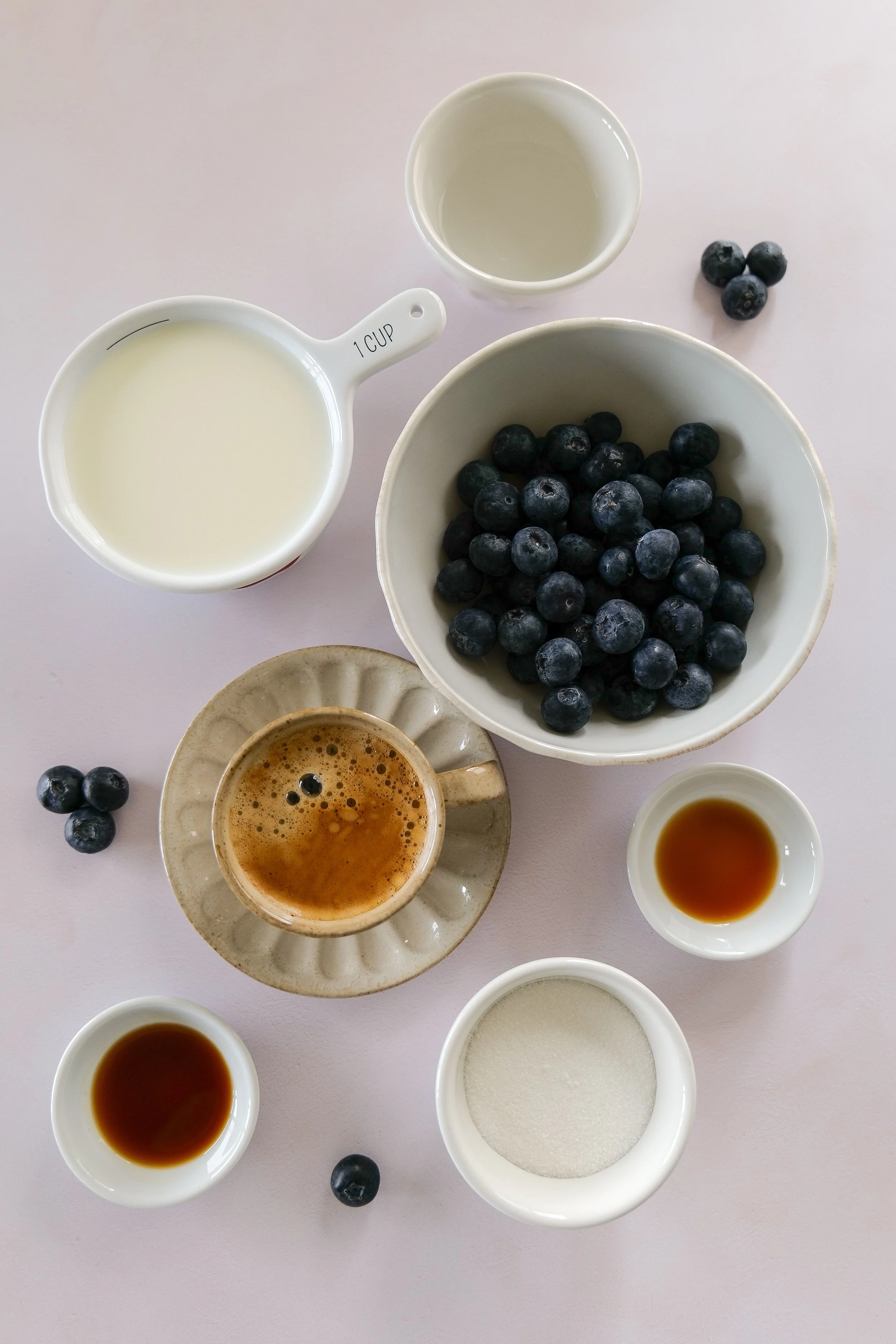 Fresh blueberries, espresso, milk, cinnamon, vanilla, and homemade blueberry syrup for making a Blueberry Muffin Latte.