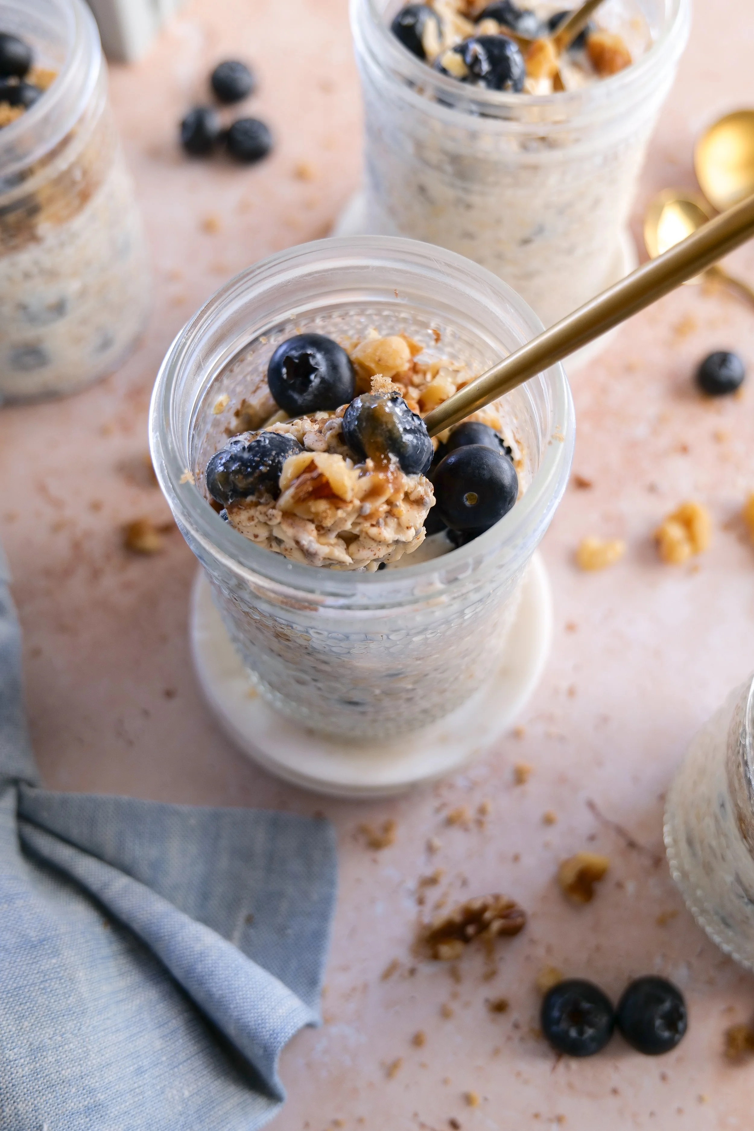 Close-up of creamy Blueberry Pie Overnight Oats made with fresh blueberries and cinnamon.