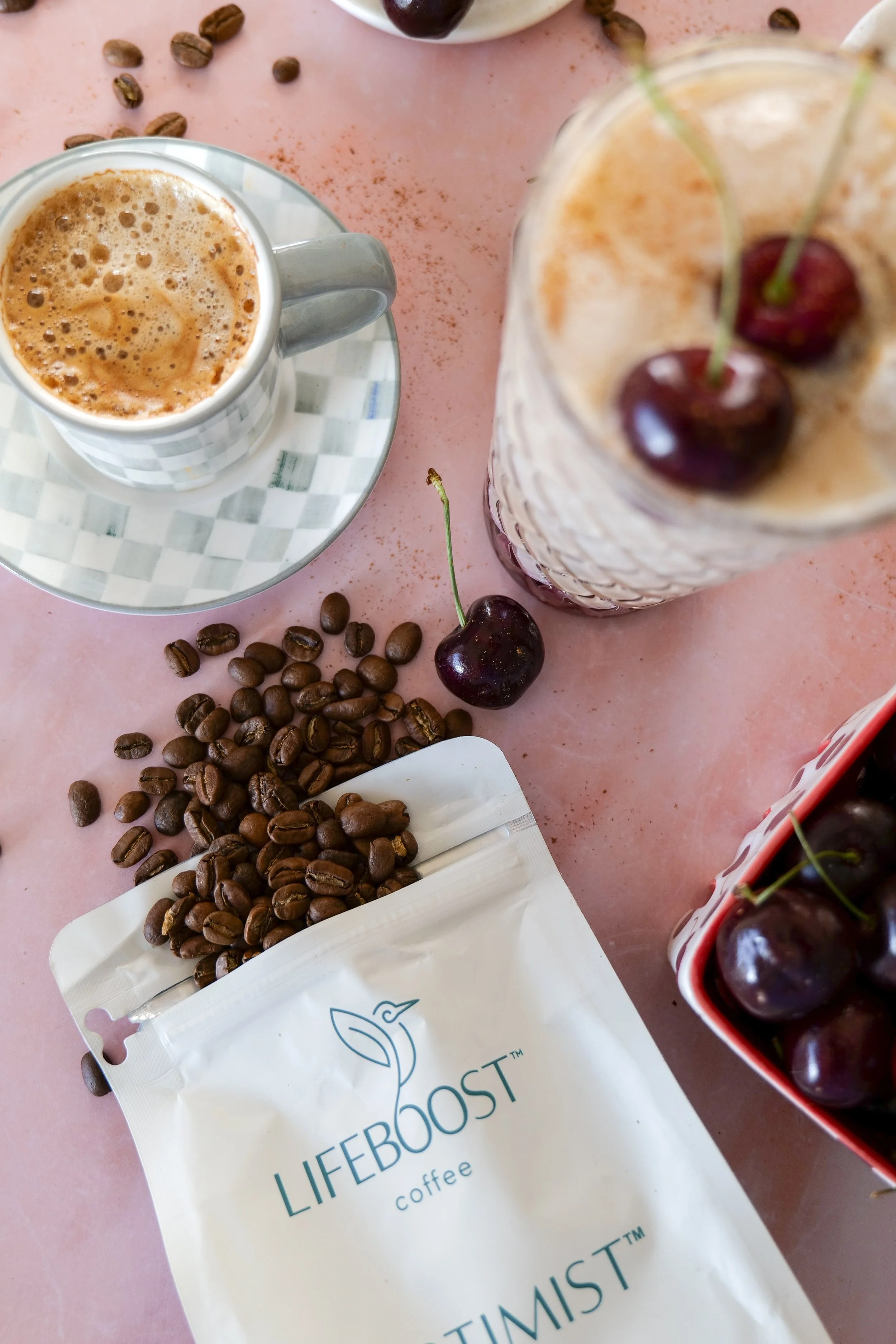 The best homemade Iced Cherry Cobbler Latte with espresso, homemade cherry syrup, and cold foam.