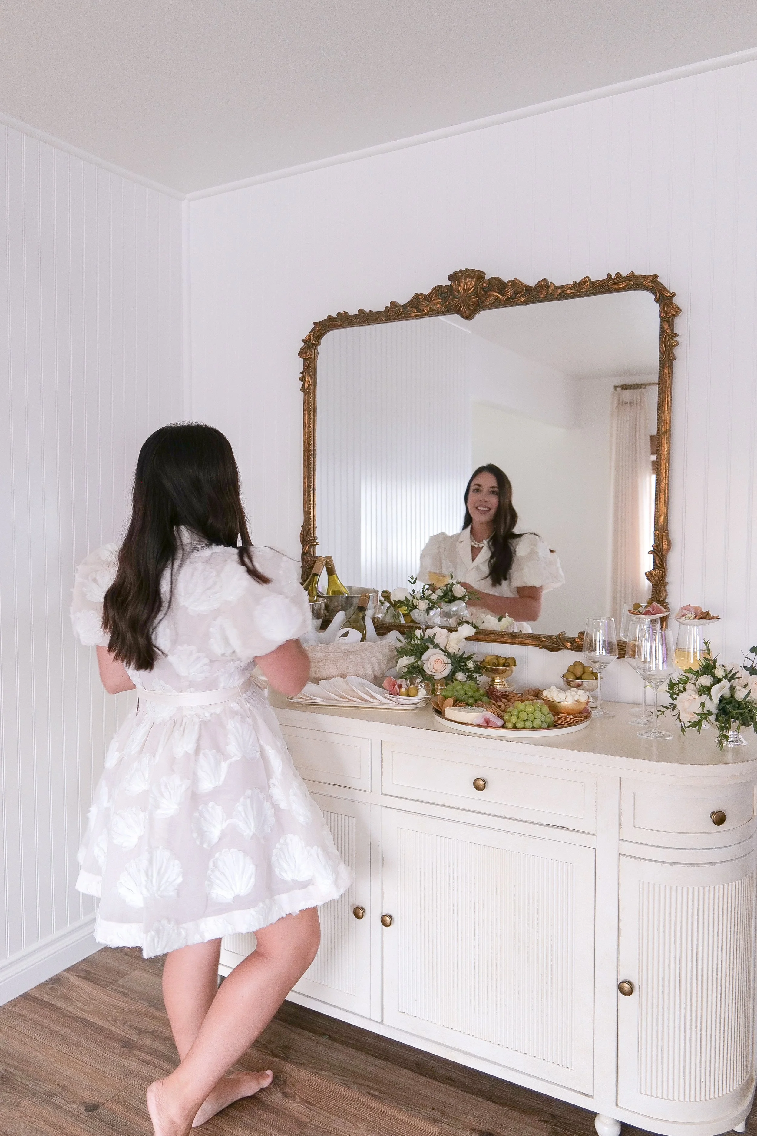 Elegant summer outfit idea for a Pearls Shells and Chardonnay themed dinner party
