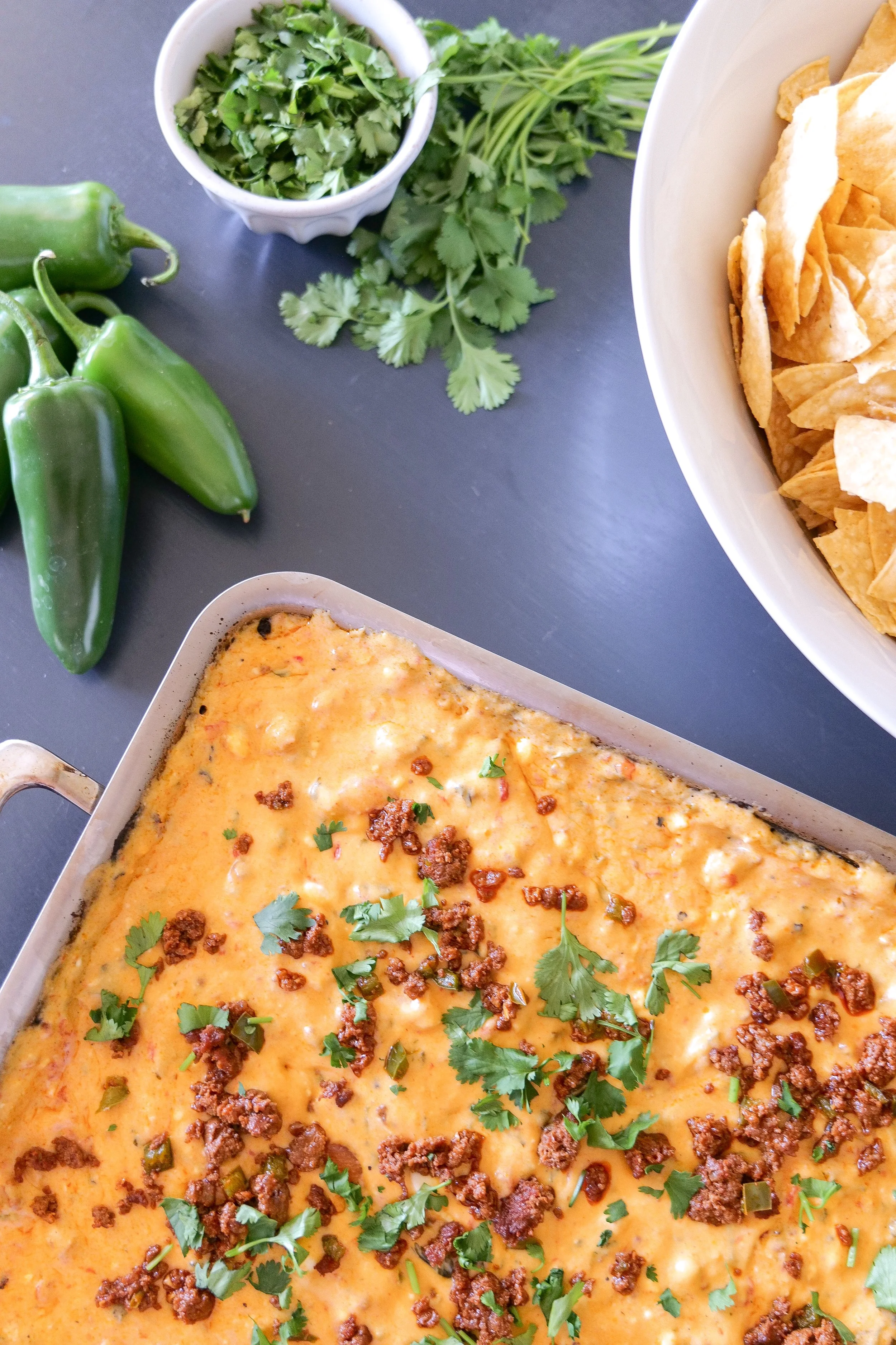 Grilled chorizo queso served with tortilla chips