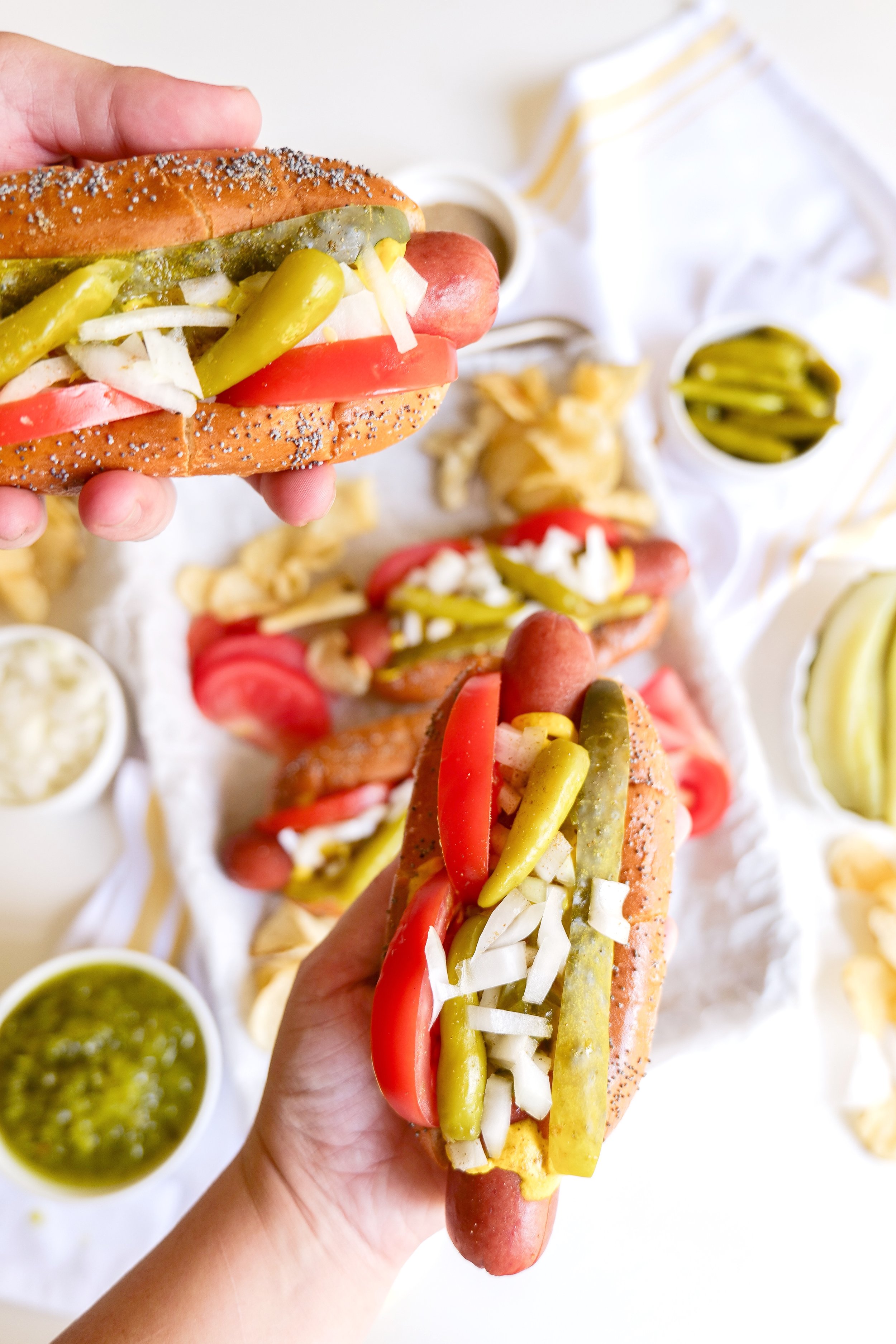 Traditional Chicago style hot dog recipe with celery salt and sport peppers.