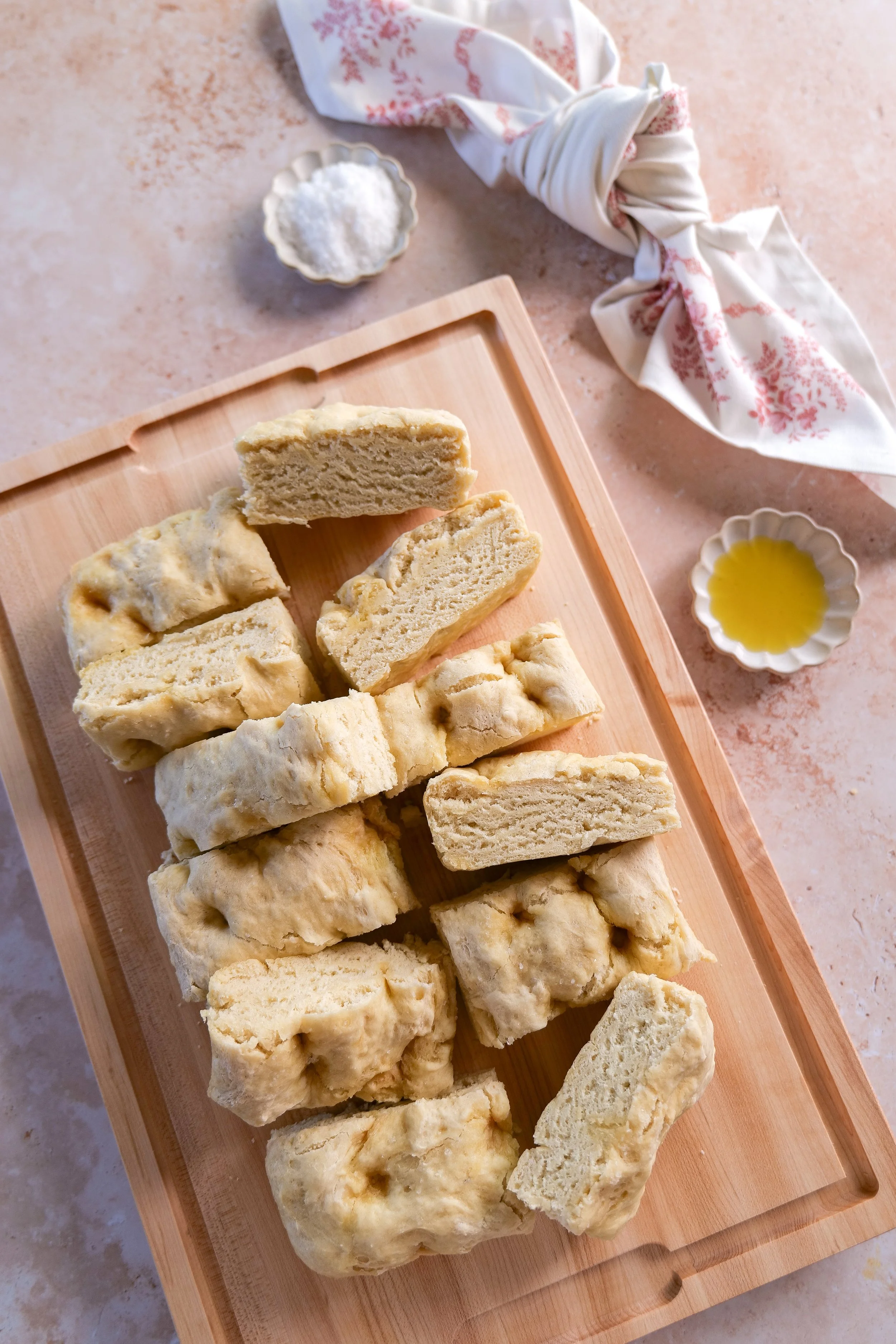 Steak focaccia sandwich ingredients arranged before cooking