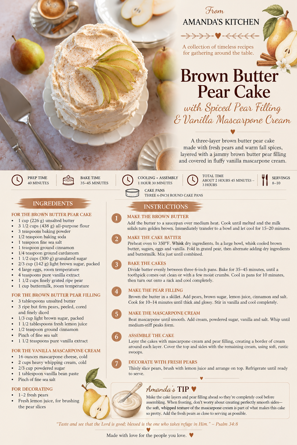 Printable Brown Butter Pear Cake with Spiced Pear Filling and Vanilla Mascarpone Cream recipe card.