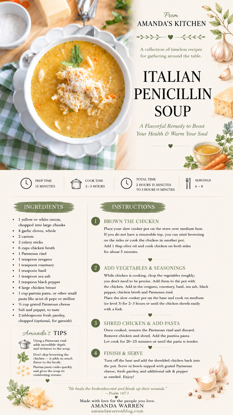 Cozy bowl of Italian Penicillin Soup made with shredded chicken, vegetables, Parmesan cheese, herbs, and pastina pasta with printable Amanda's Kitchen recipe card.