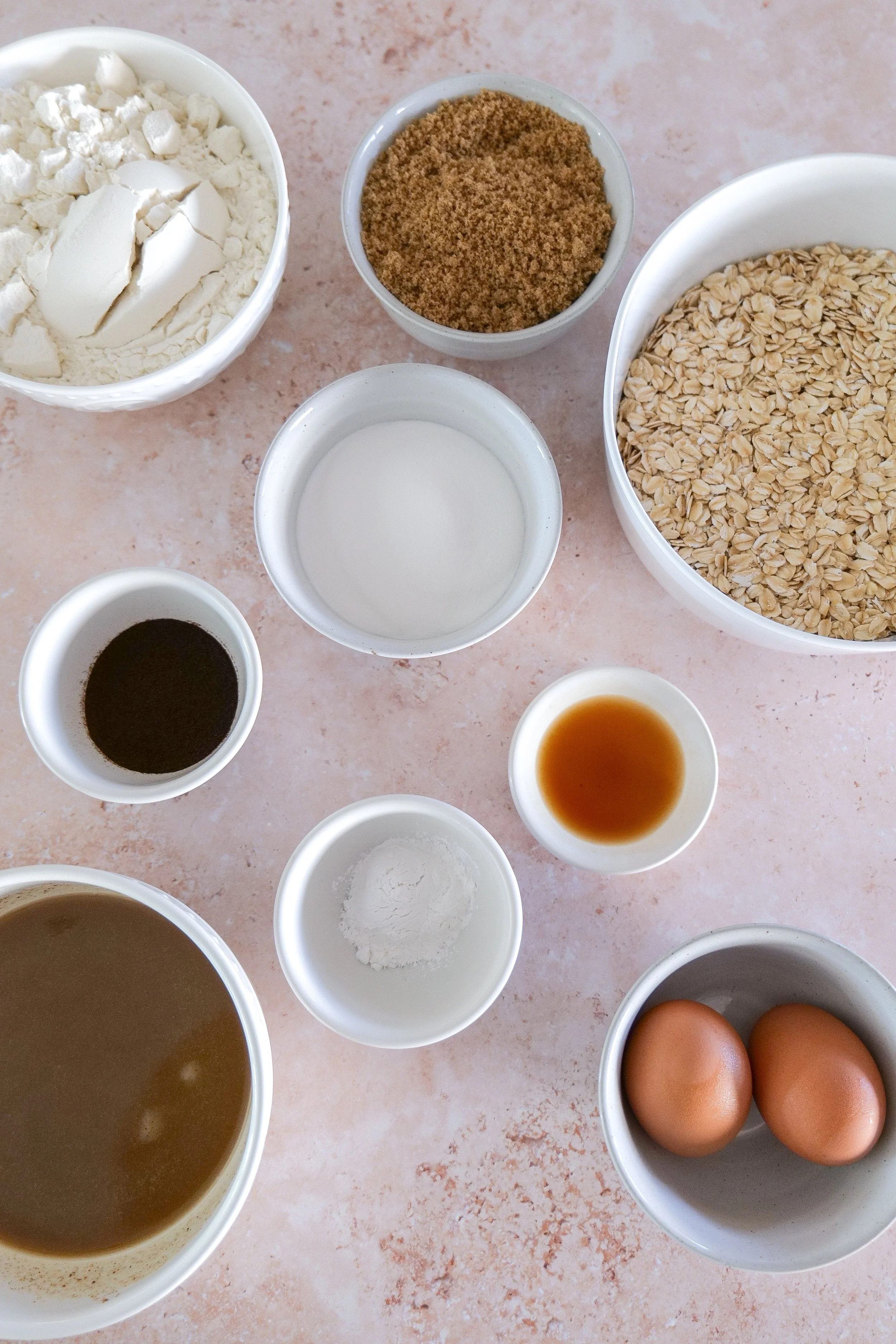 Ingredients for homemade brown butter oatmeal cookies with espresso drizzle.