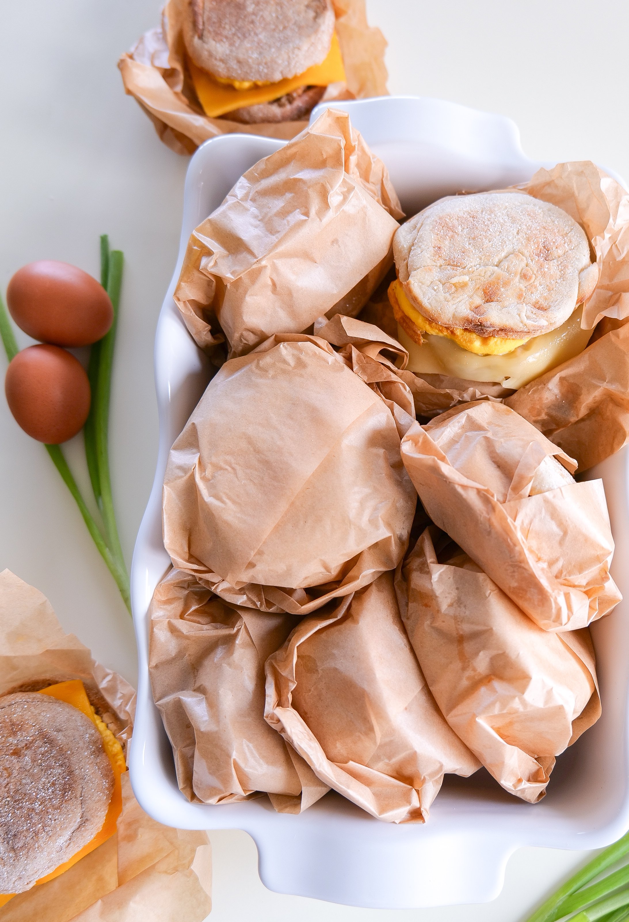 Easy make-ahead breakfast sandwich served on a toasted English muffin.