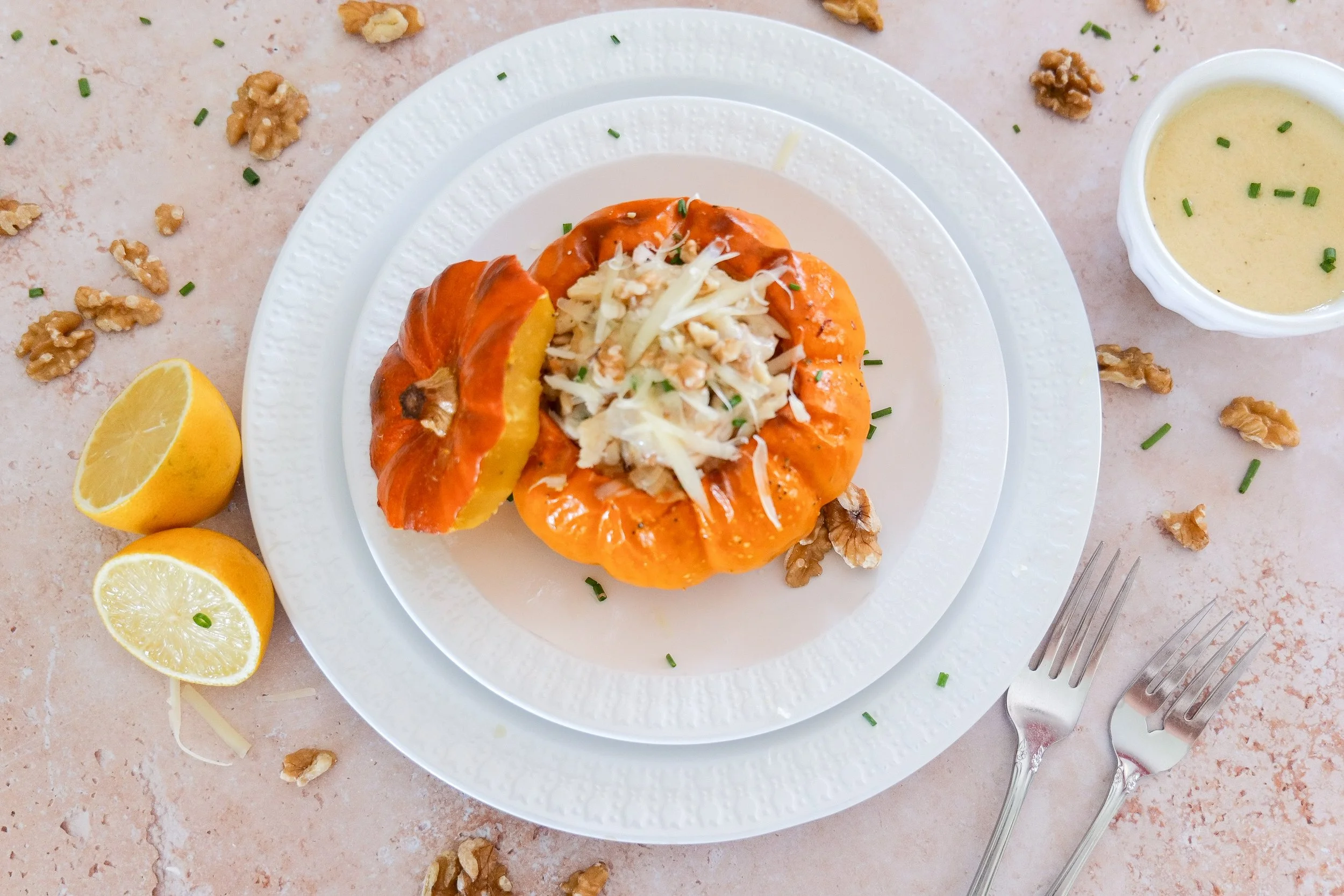 Stuffed pumpkins filled with savory chicken, walnuts and melted Gruyère cheese.